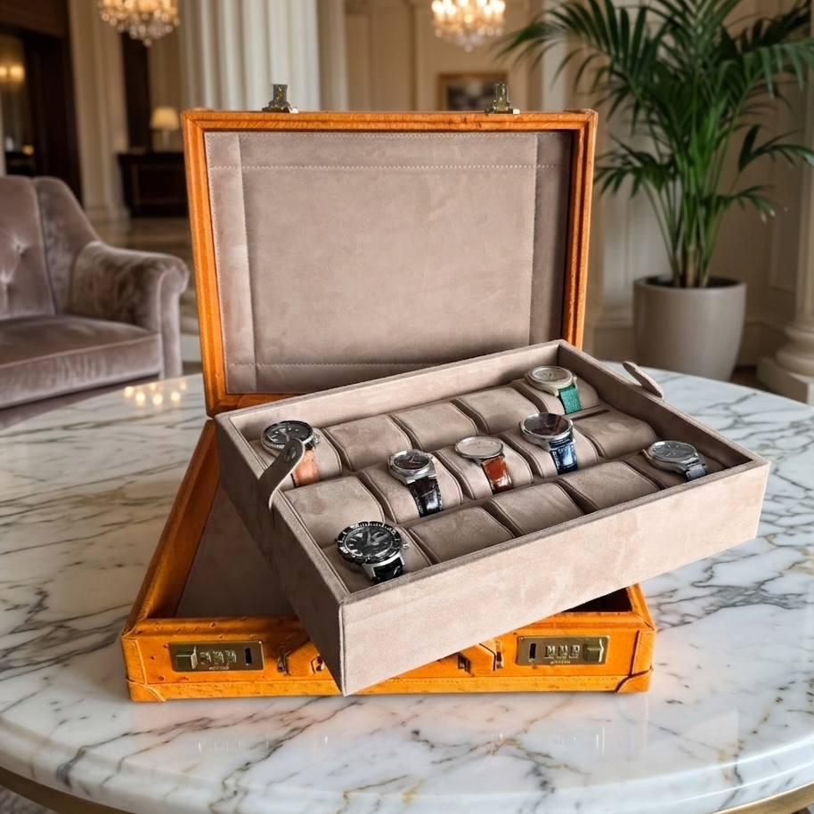 Ostrich Leather Bond Watch Box for 15 / Tan