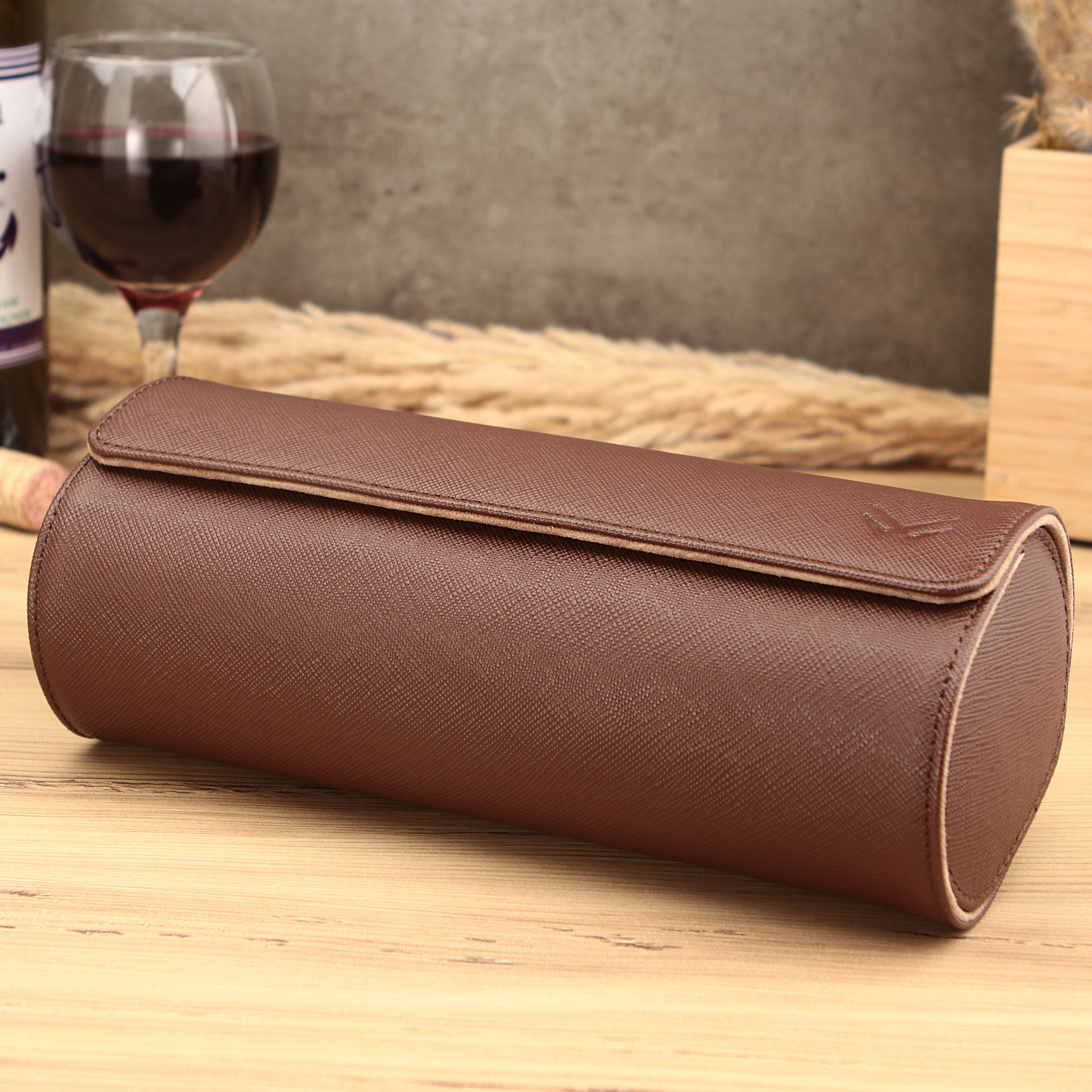 Angora Leather Watch Roll for 3 - Brown / Mocha