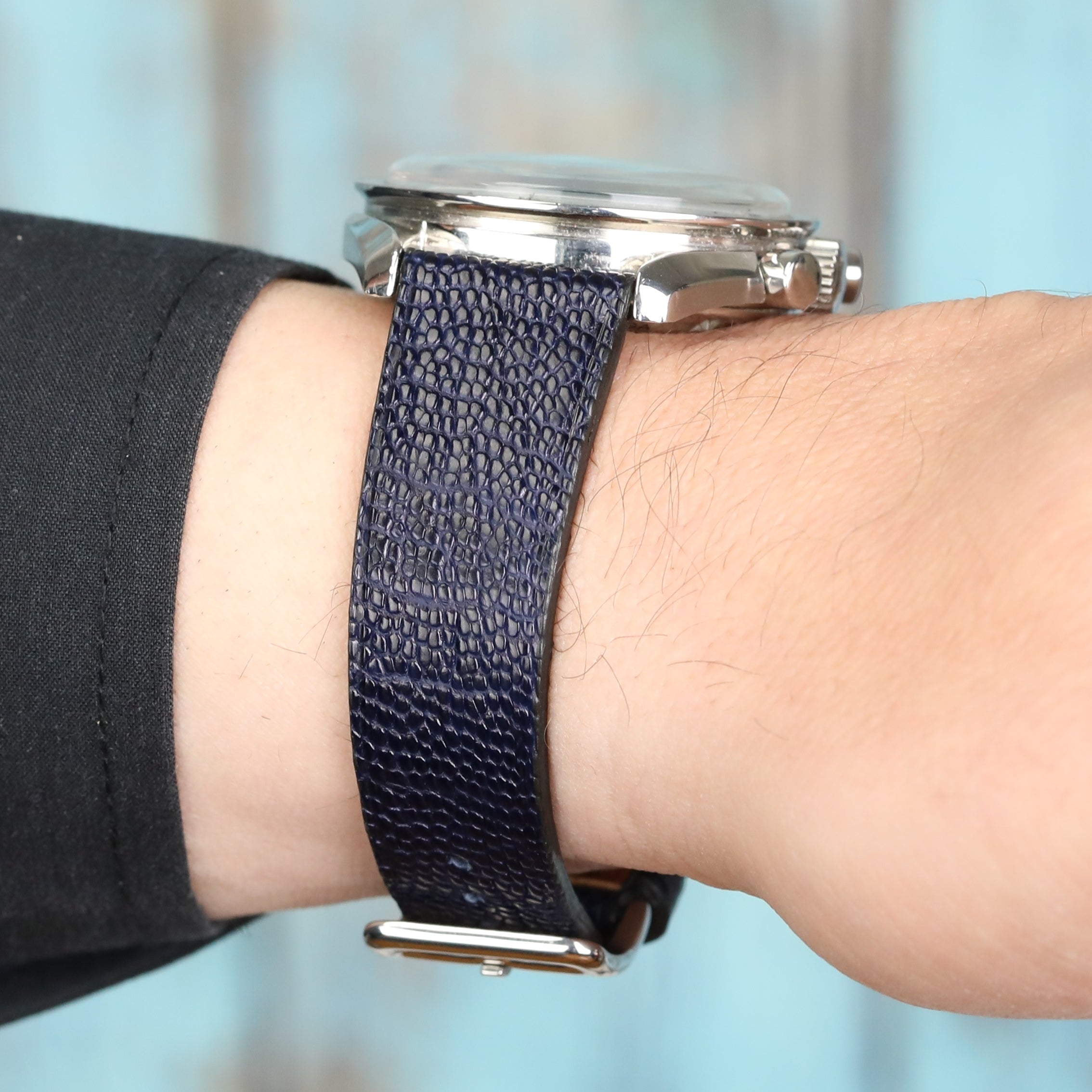 Ostrich Slim Leather Watch Strap - D. Blue Stitchless