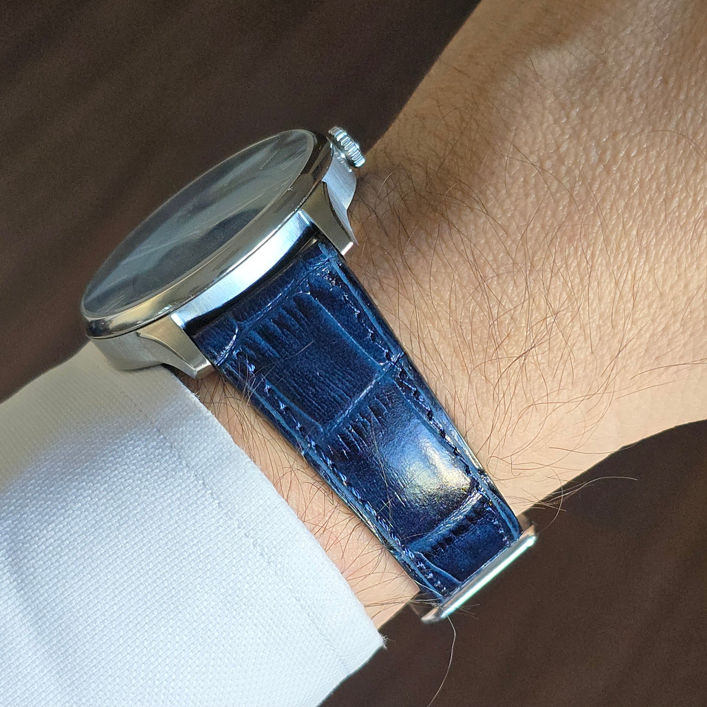 Croc. Embossed Leather Strap - D. Blue