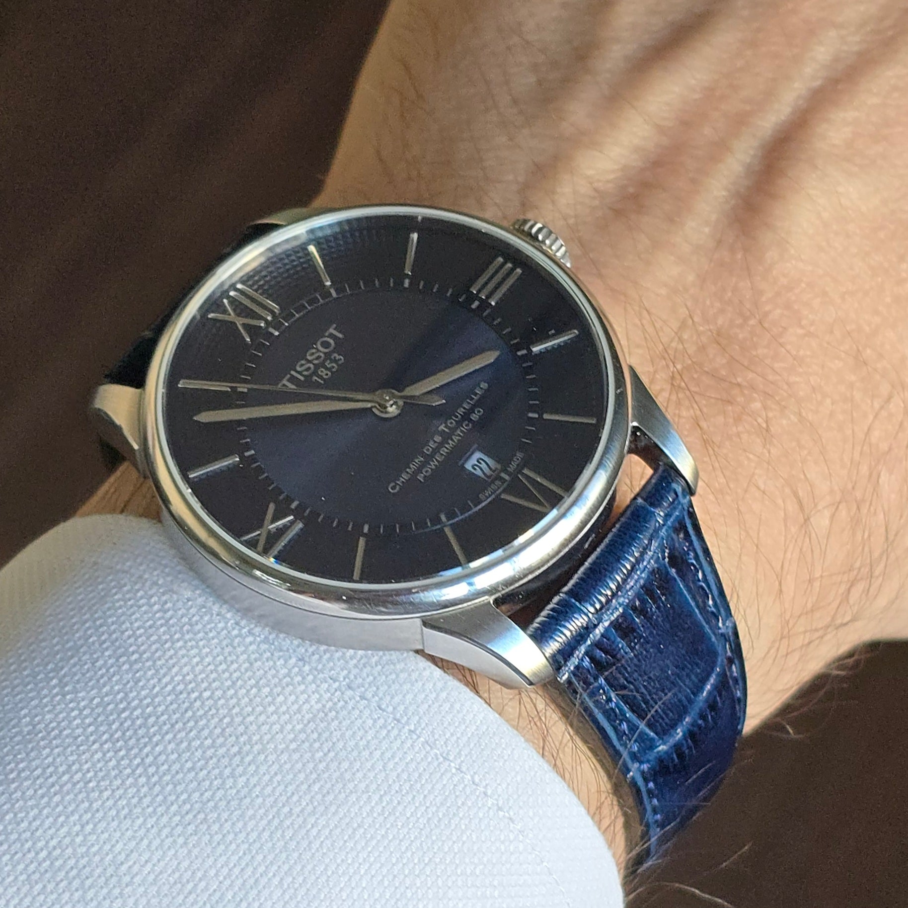 Croc. Embossed Leather Strap - D. Blue