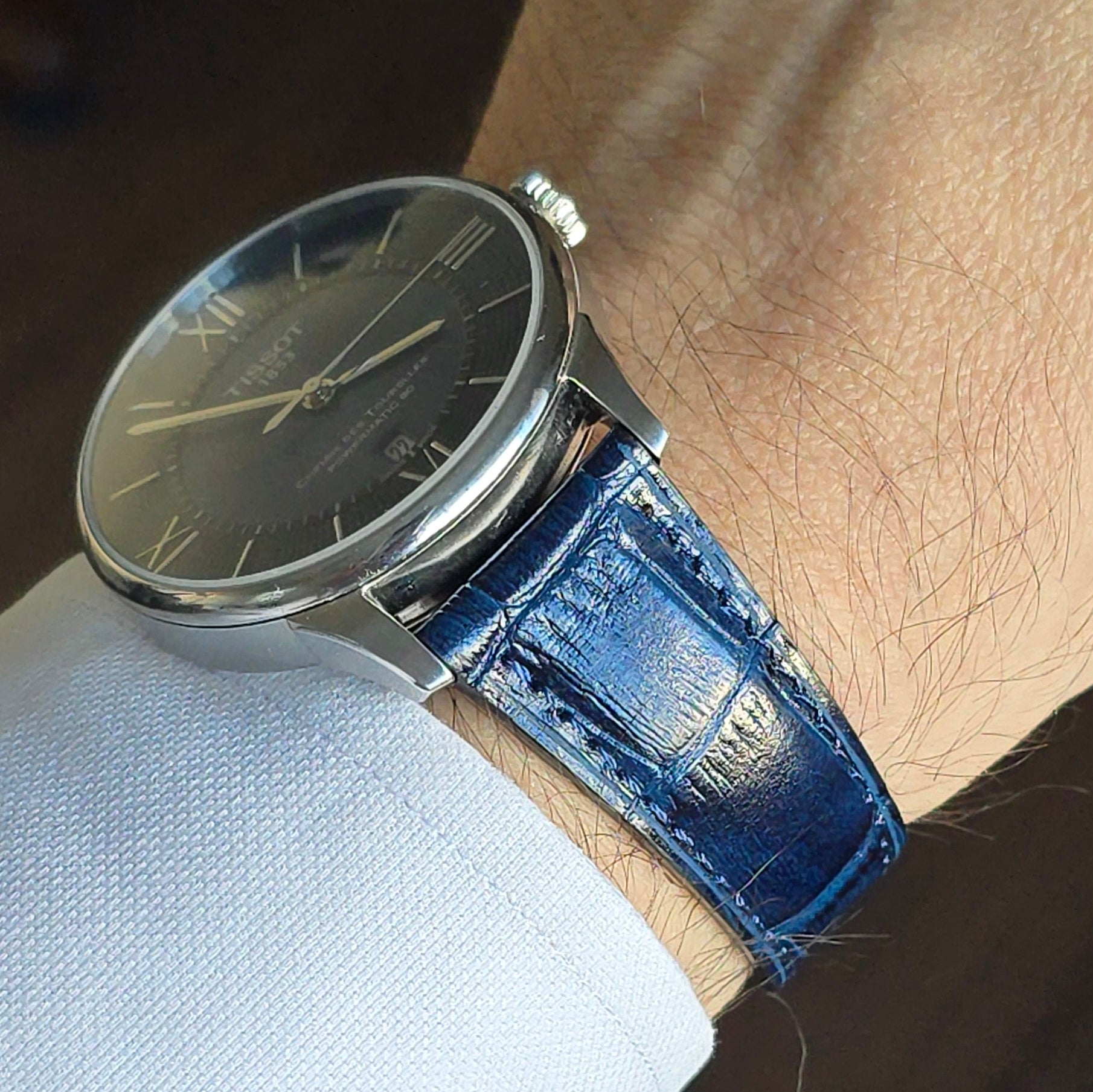 Croc. Embossed Leather Strap - D. Blue