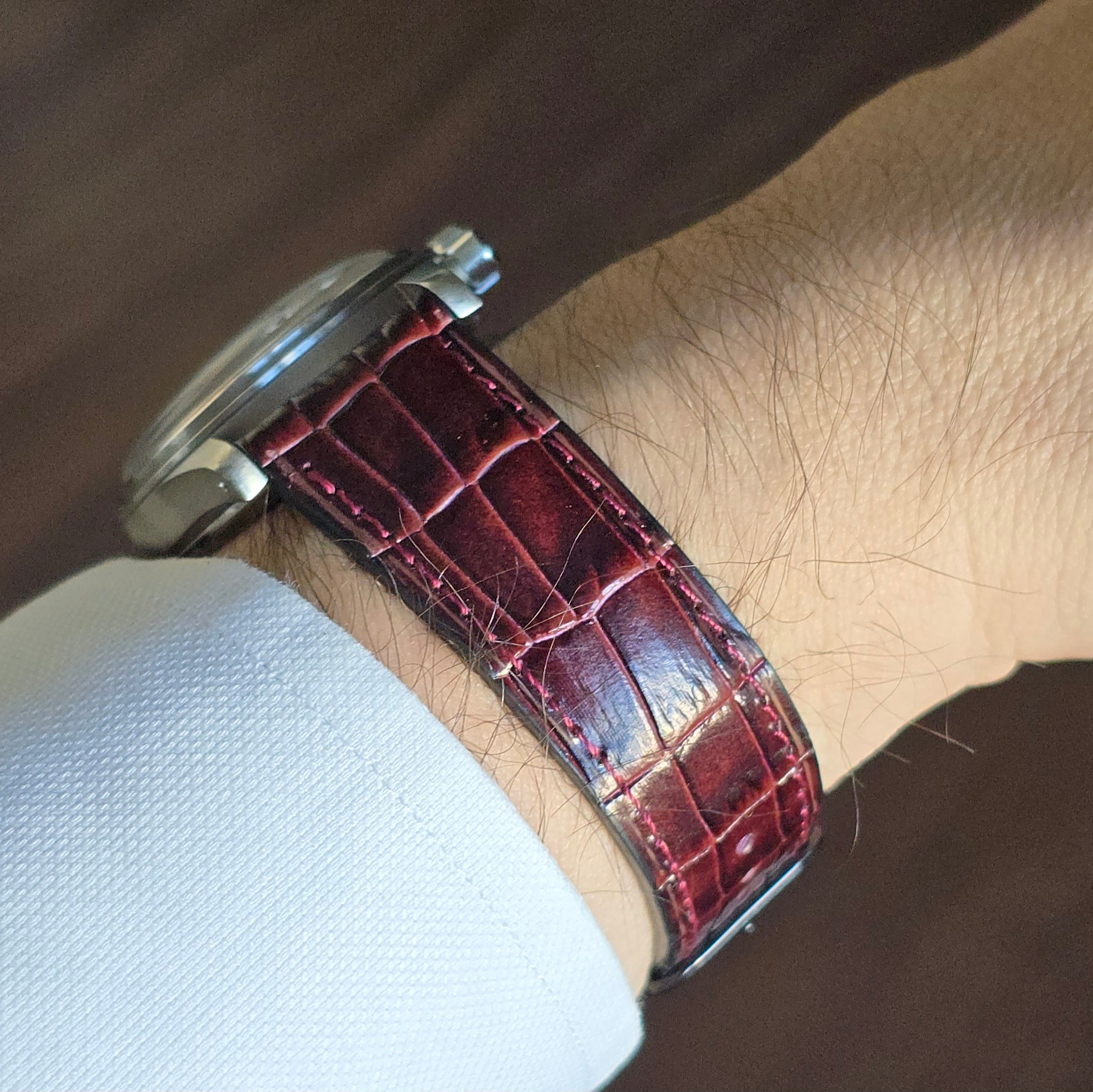 Croc. Embossed Leather Strap - Burgundy