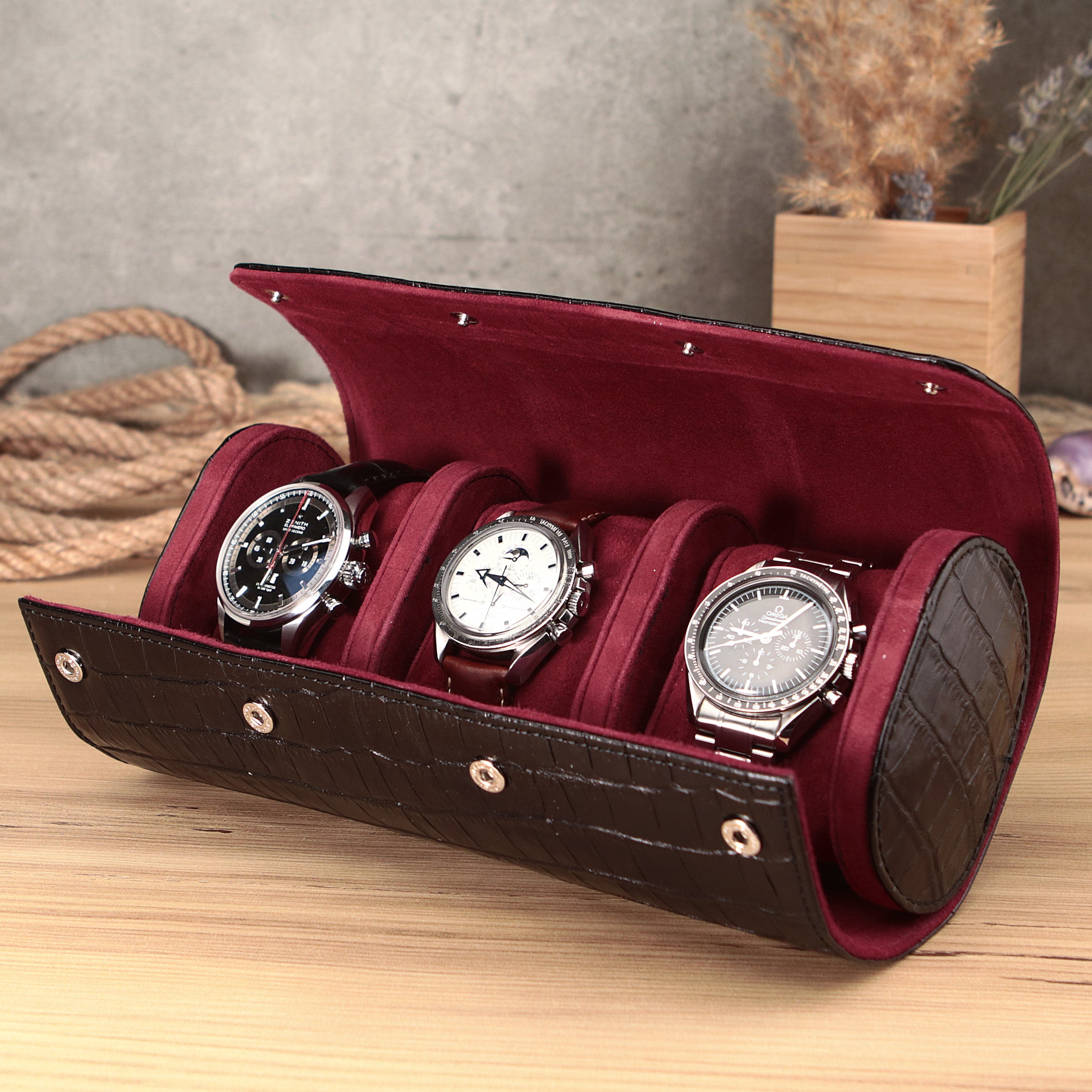 Angora Leather Watch Roll for 3 - Black / Burgundy