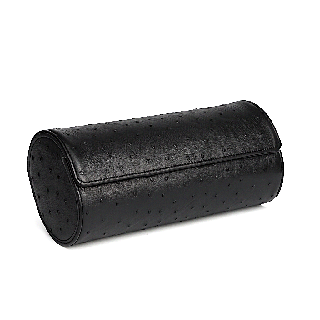 Angora Ostrich Leather Watch Roll for 3 - Black