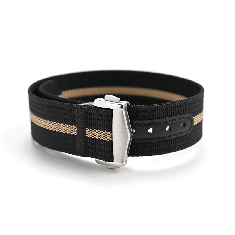 Textile Watch Strap with Deployment Clasp - Black / Beige