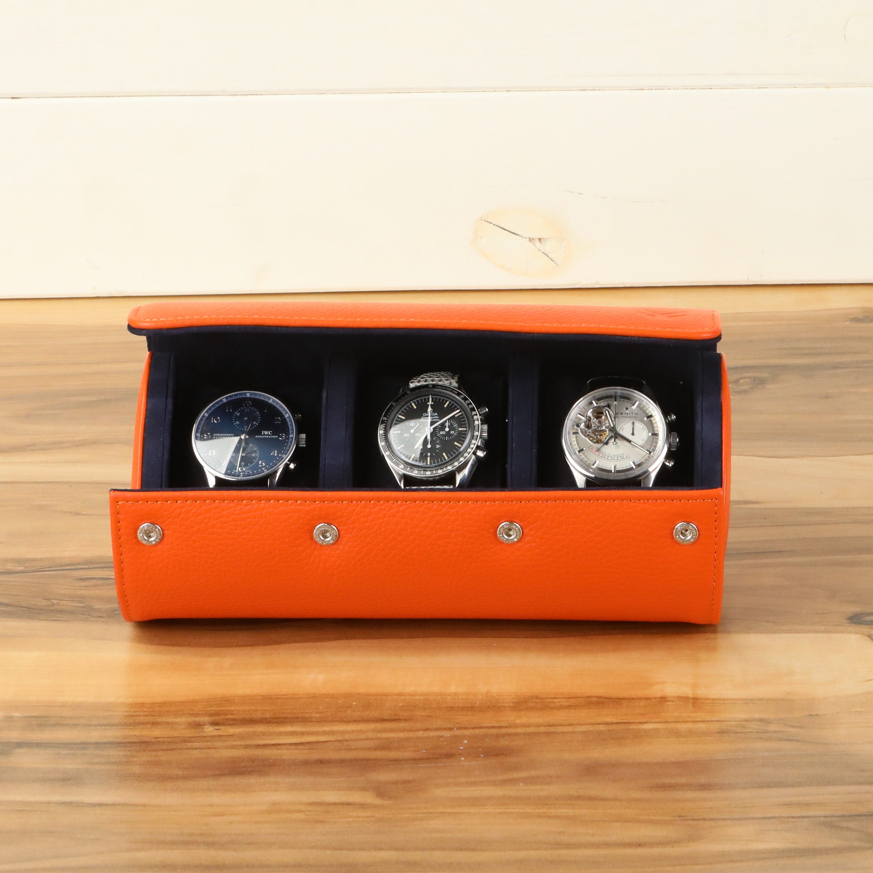 Angora Leather Watch Roll for 3 - Orange