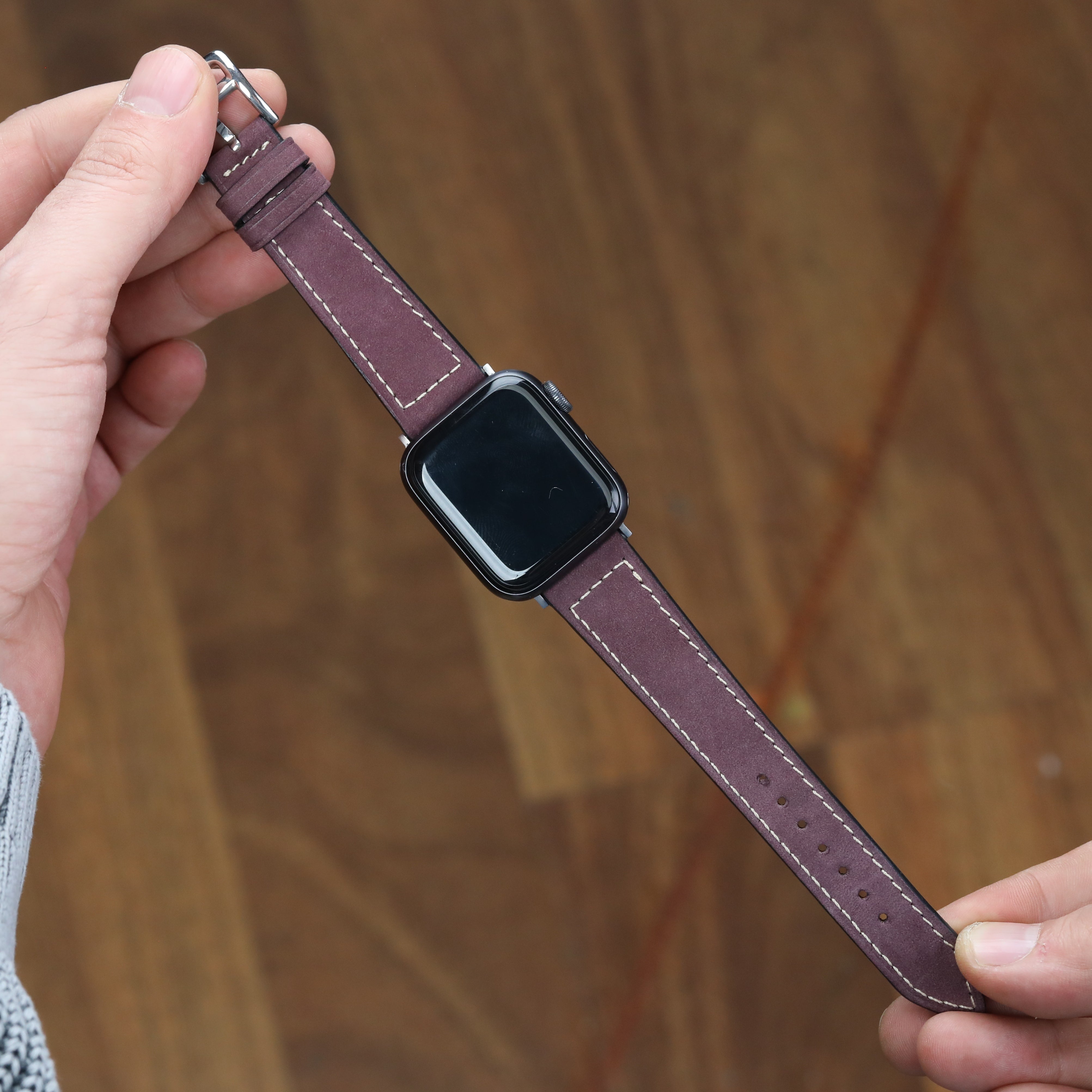 Apple Watch Compatible Leather Strap - Nubuck Burgundy