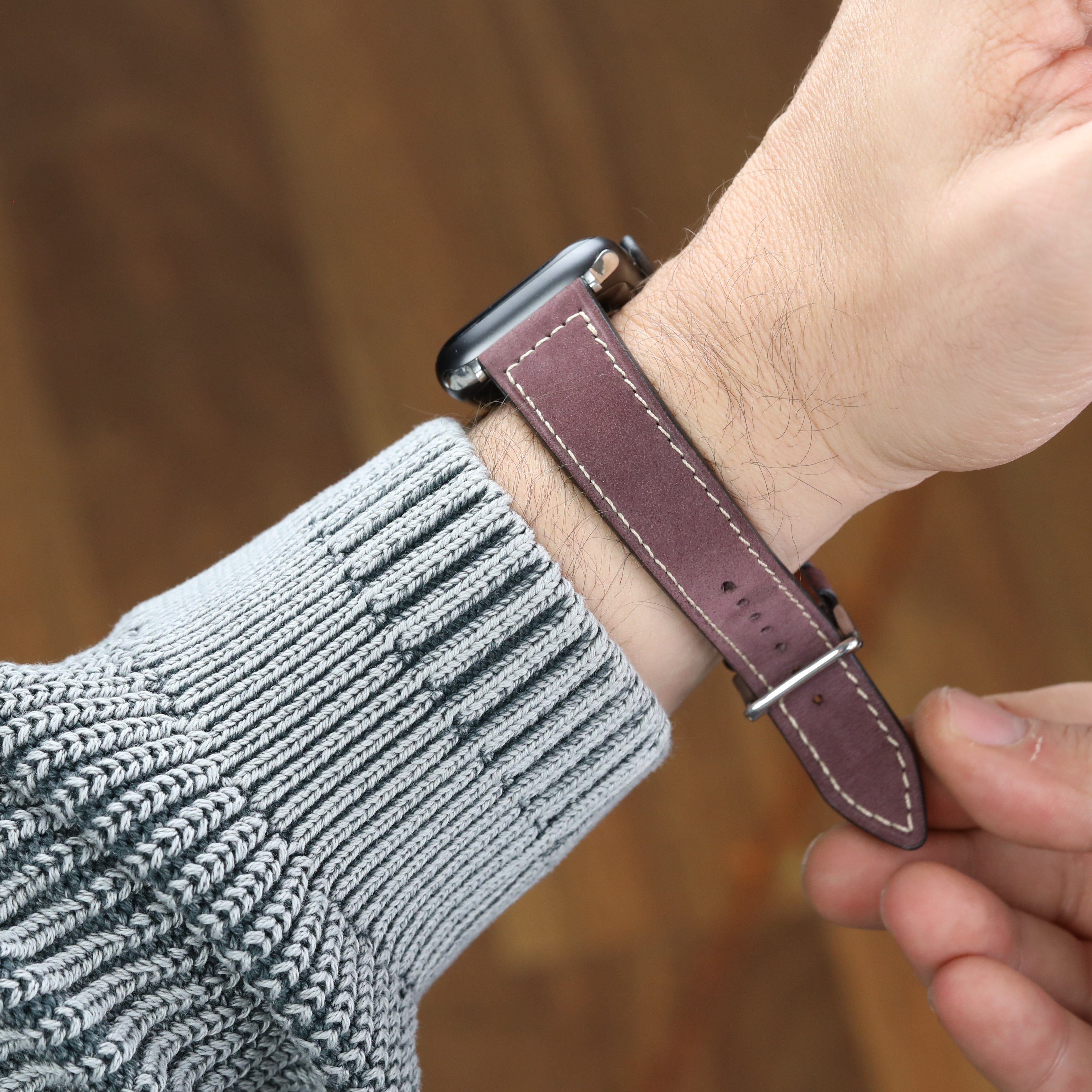 Apple Watch Compatible Leather Strap - Nubuck Burgundy