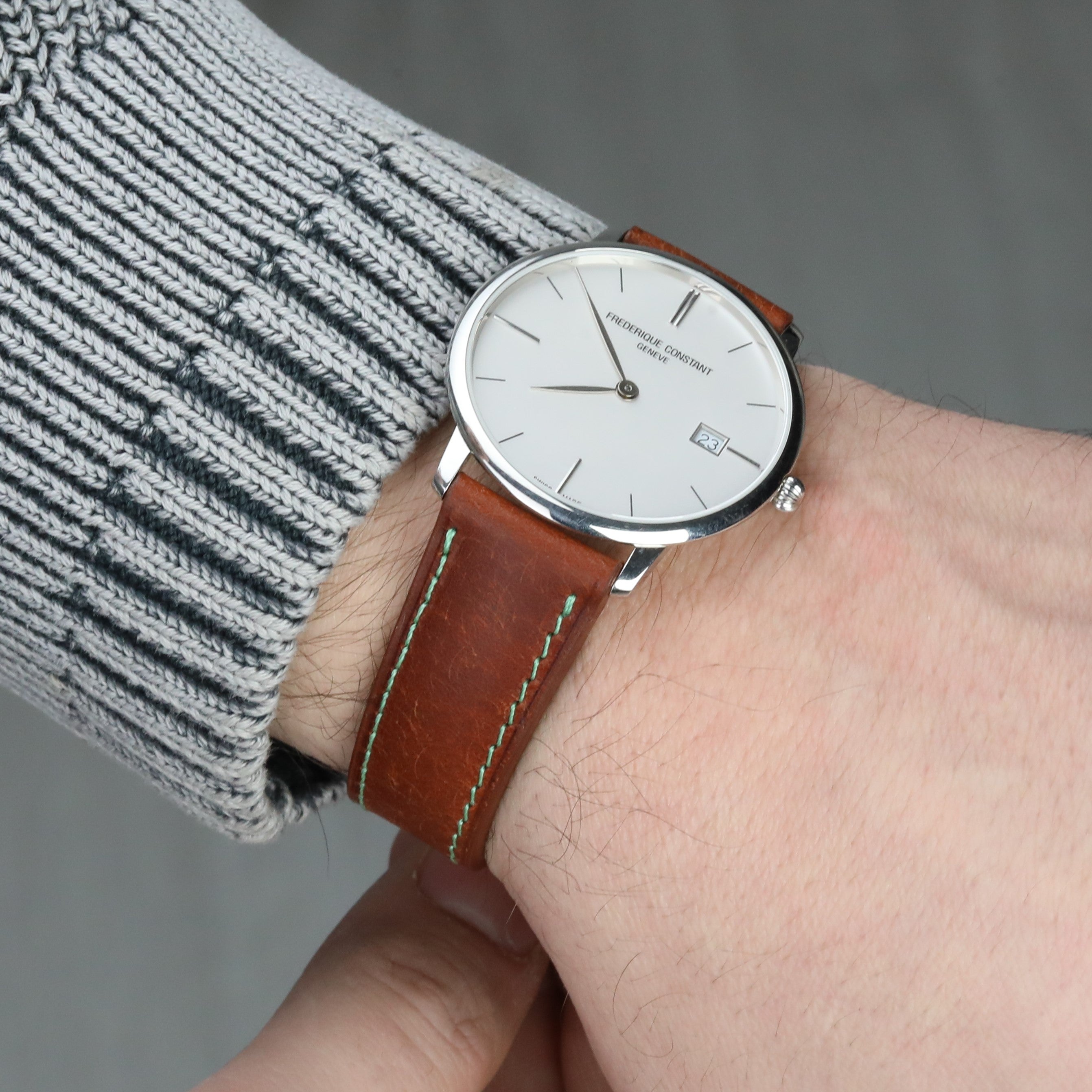 Pueblo Leather Strap - Brown with Green Stitches