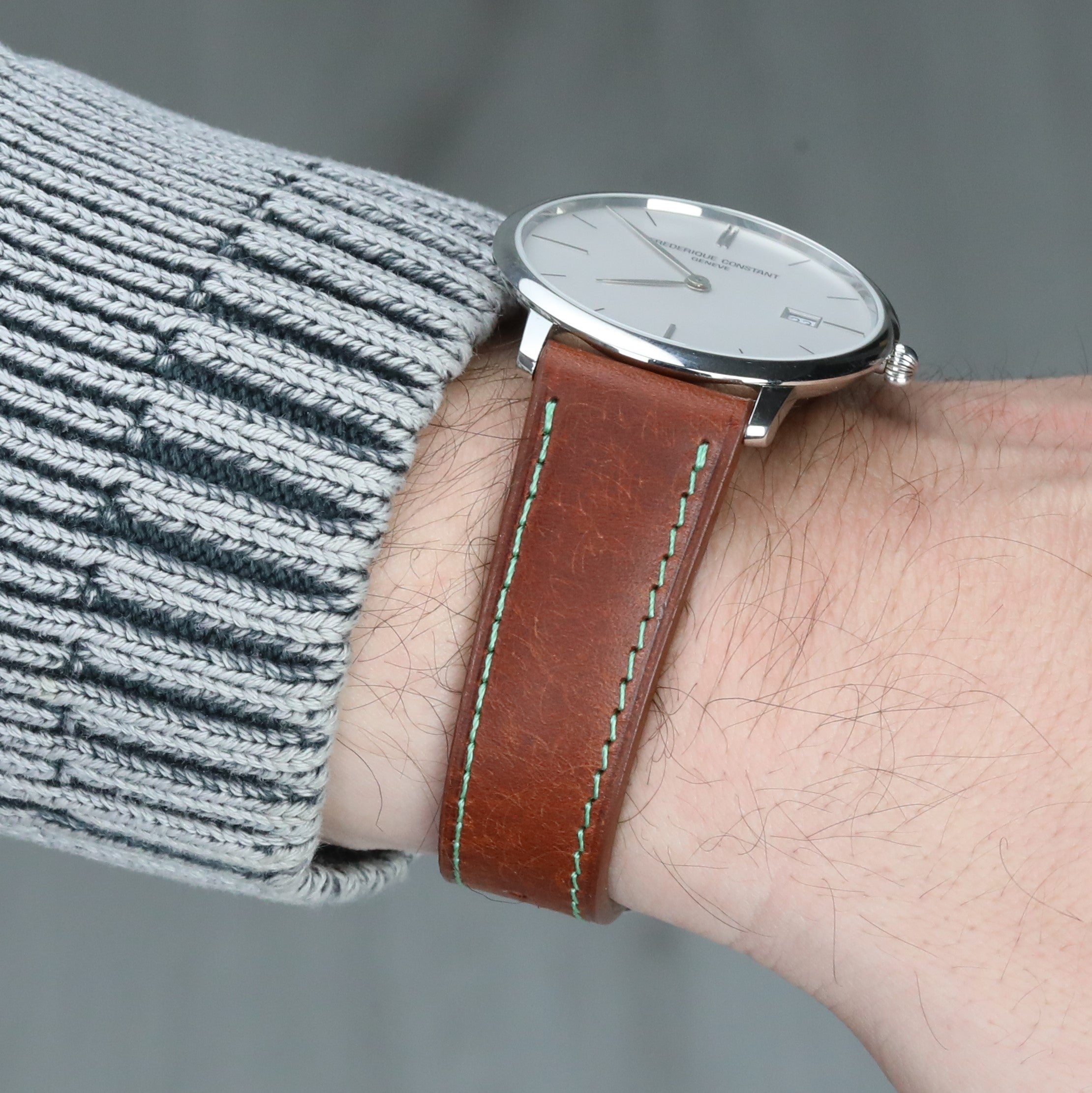 Pueblo Leather Strap - Brown with Green Stitches