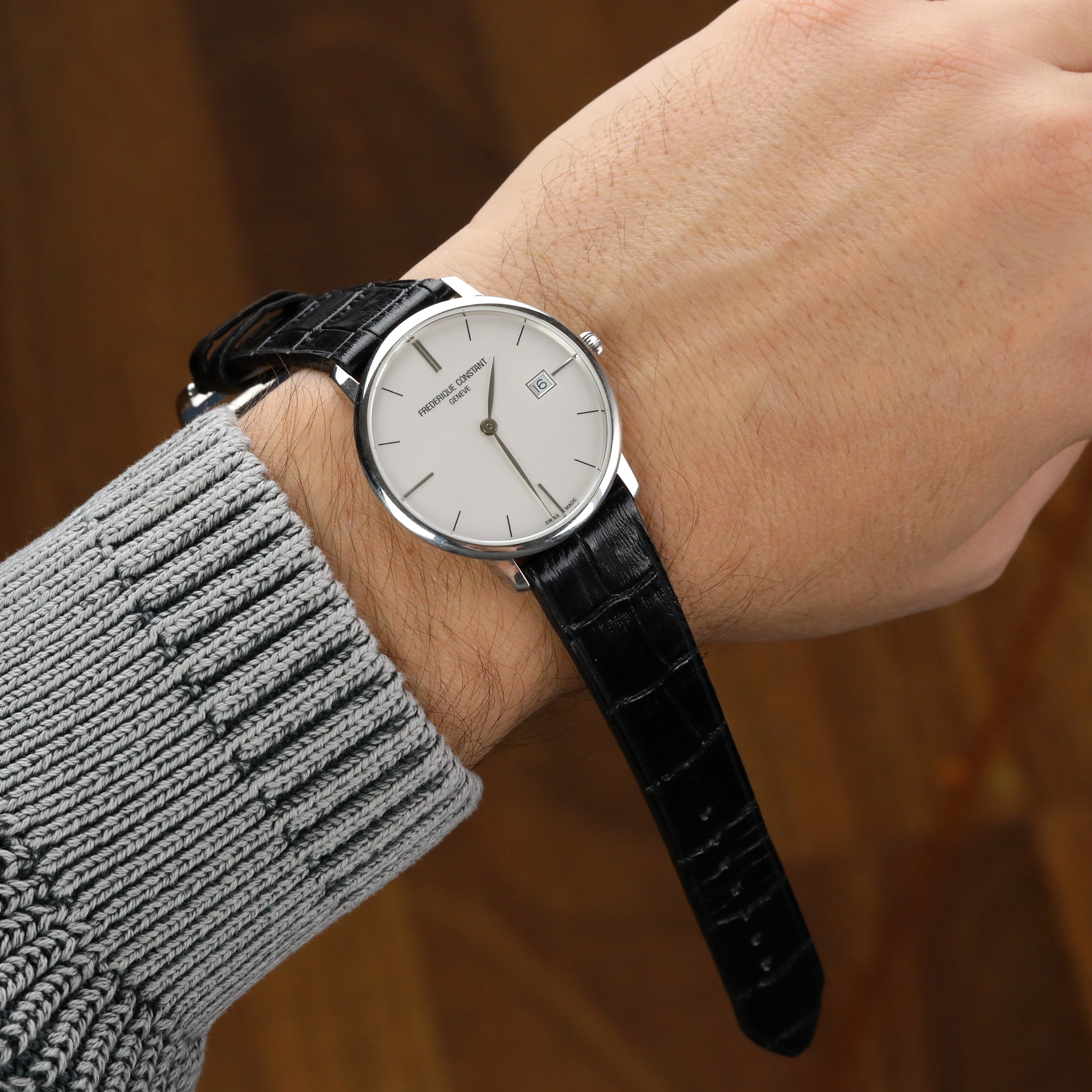 Croc. Embossed Leather Strap - Black