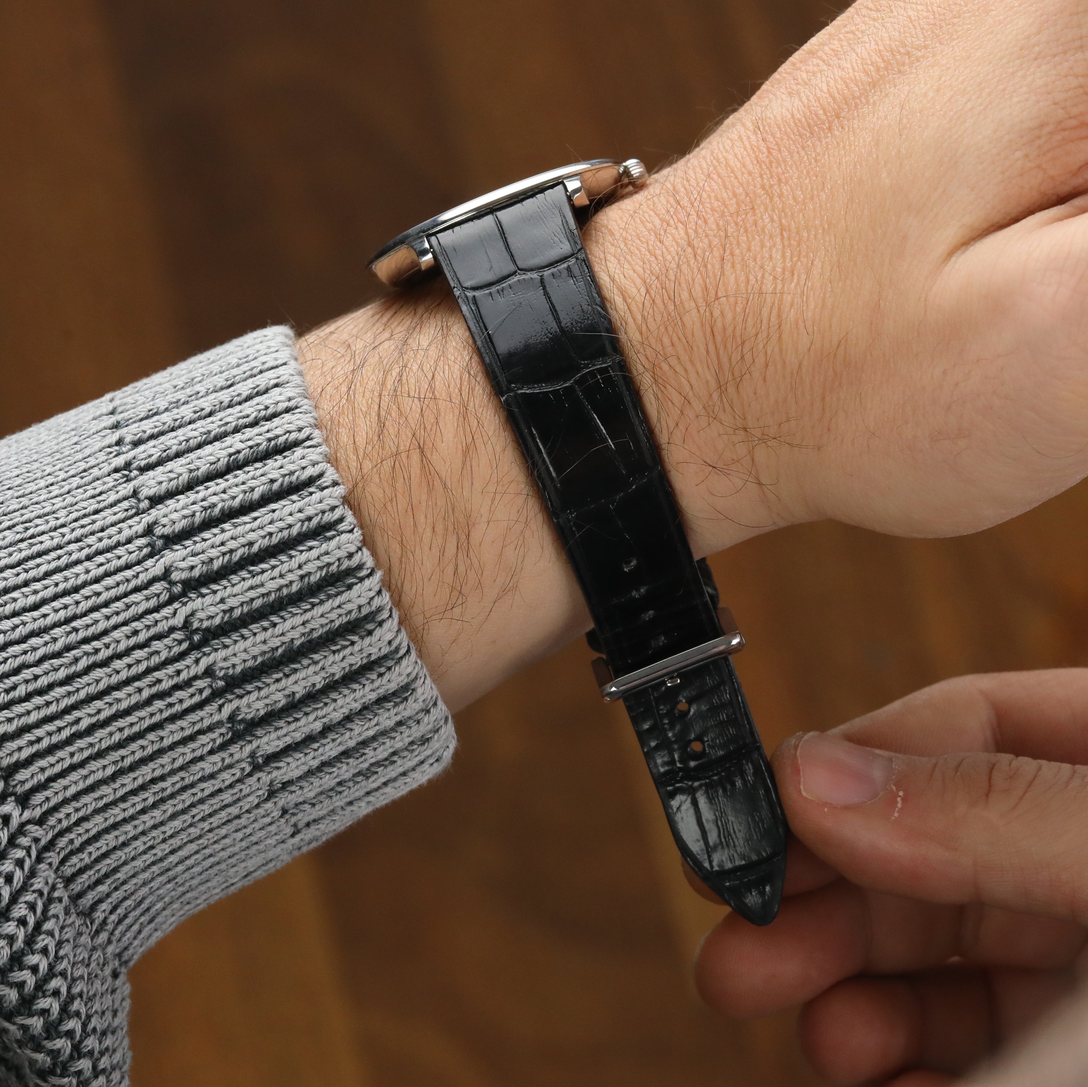 Croc. Embossed Leather Strap - Black