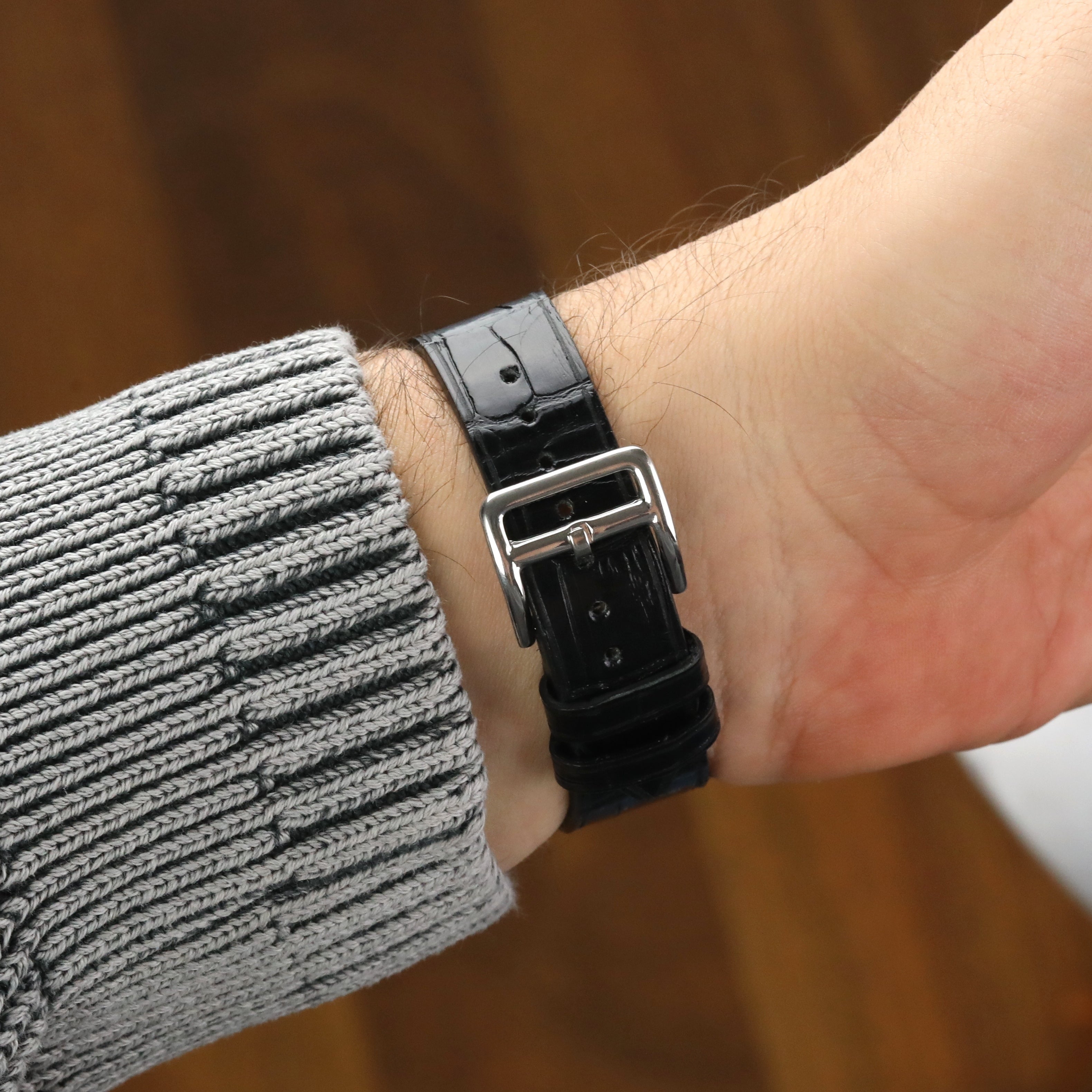 Croc. Embossed Leather Strap - Black
