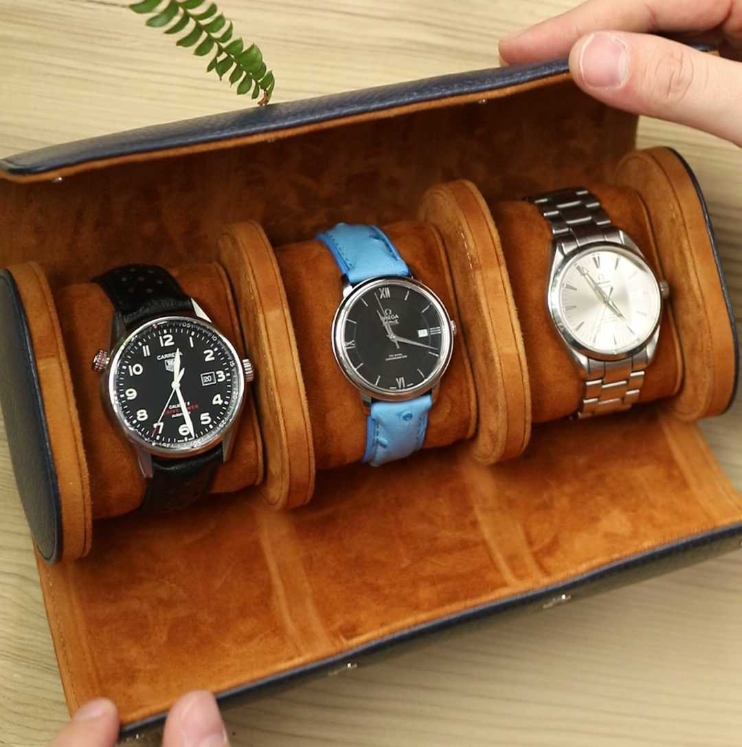 Angora Leather Watch Roll for 3 - D. Blue