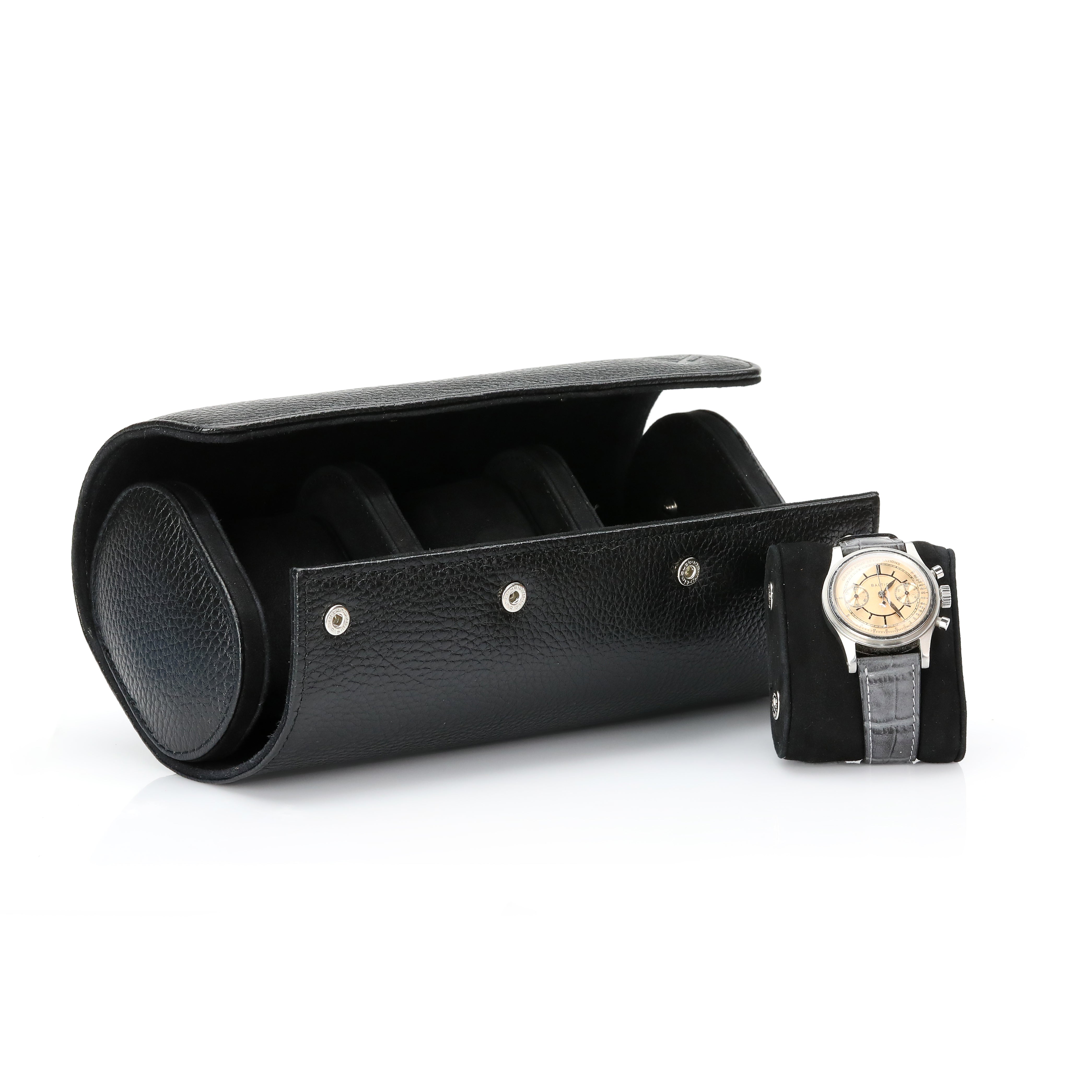 Angora Leather Watch Roll for 3 - Black