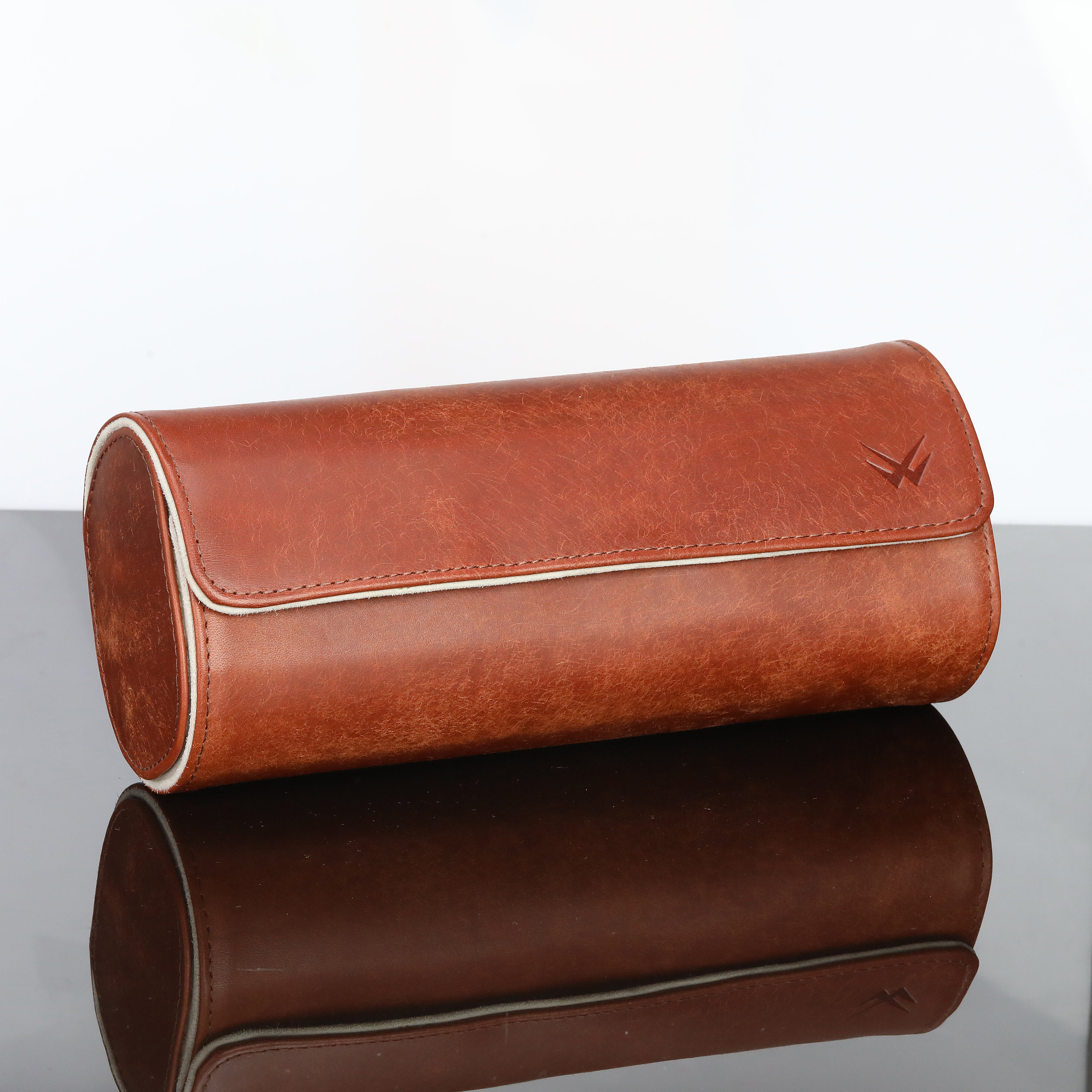 Angora Leather Watch Roll for 3 - Pueblo Brown