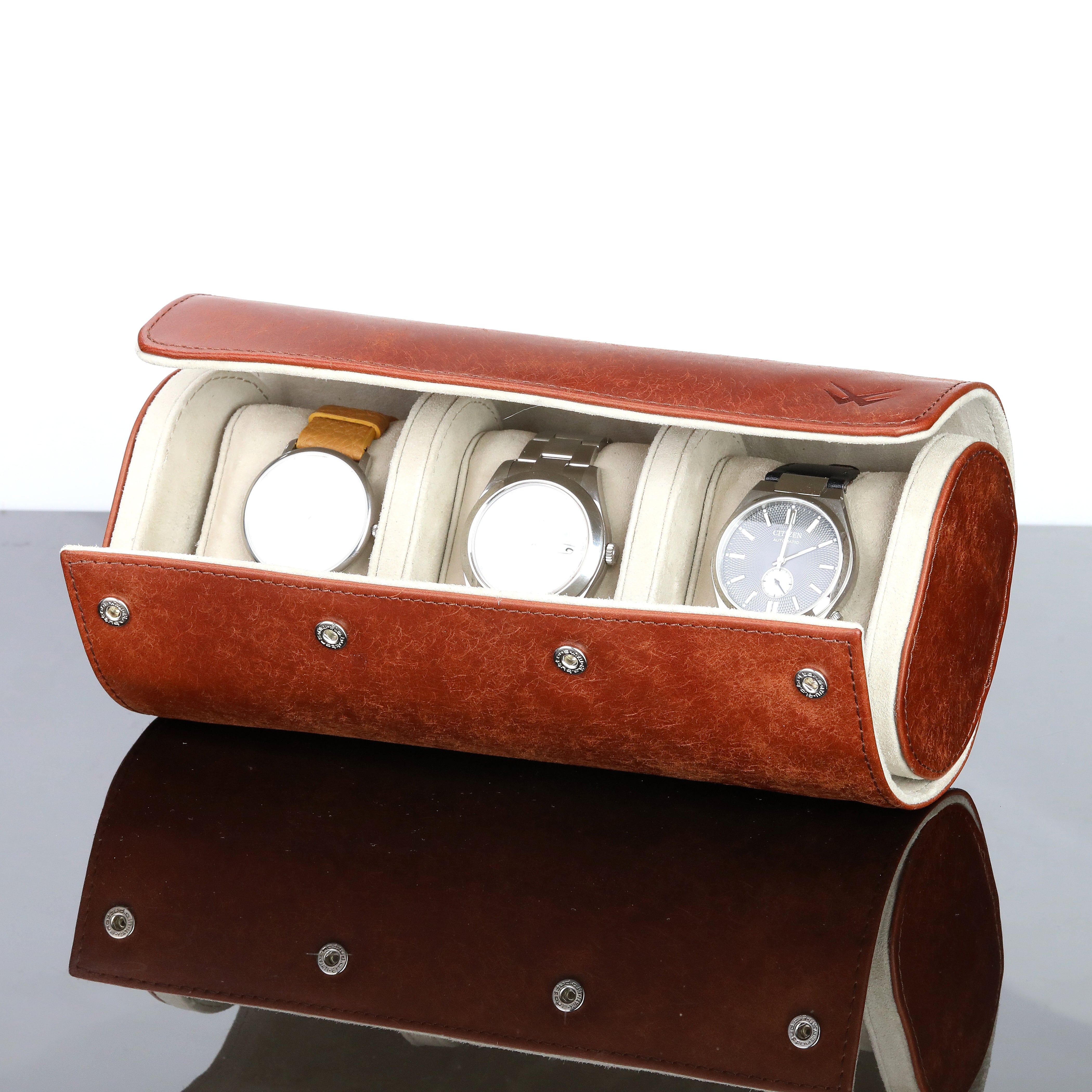 Angora Leather Watch Roll for 3 - Pueblo Brown