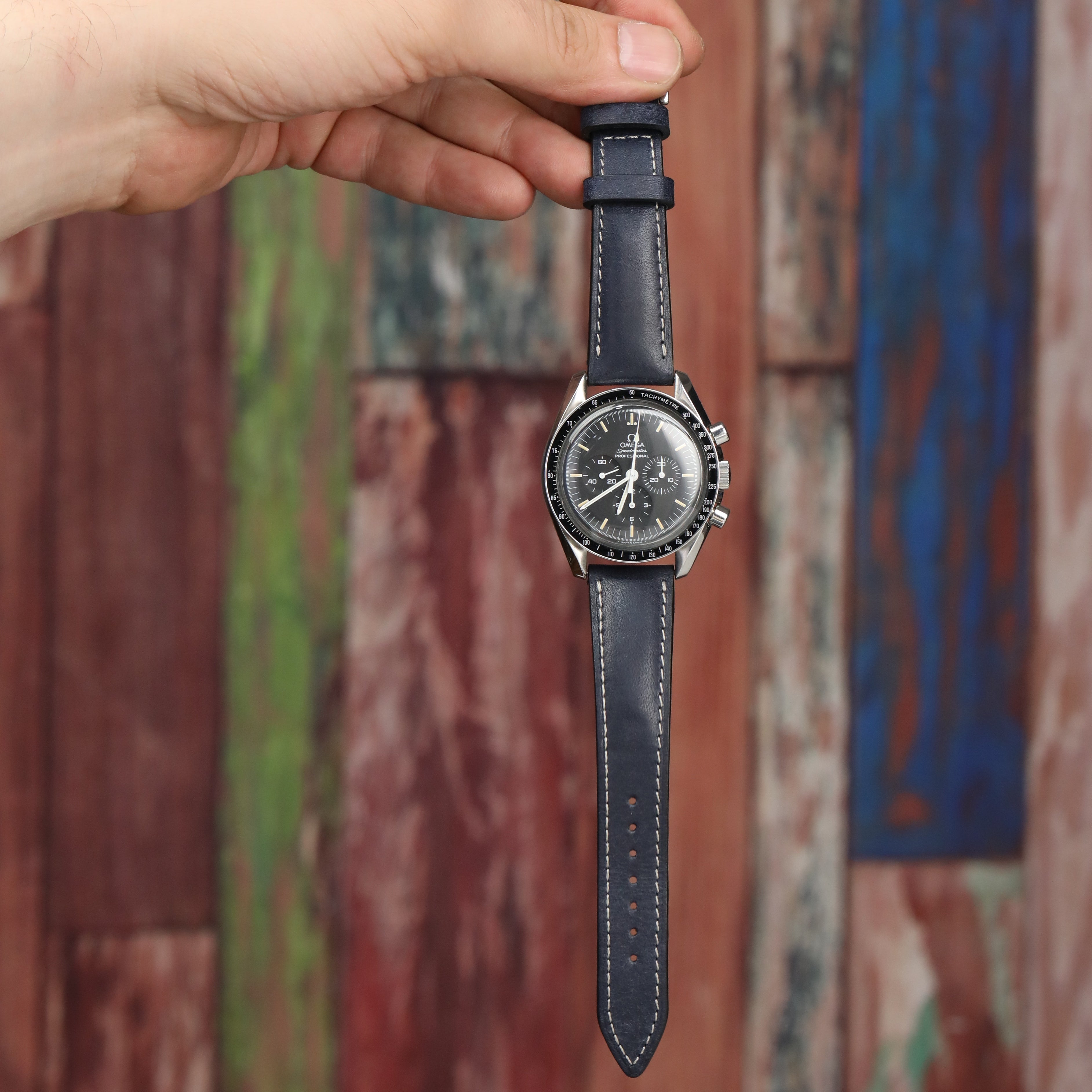 Pueblo Leather Watch Strap - D. Blue / White