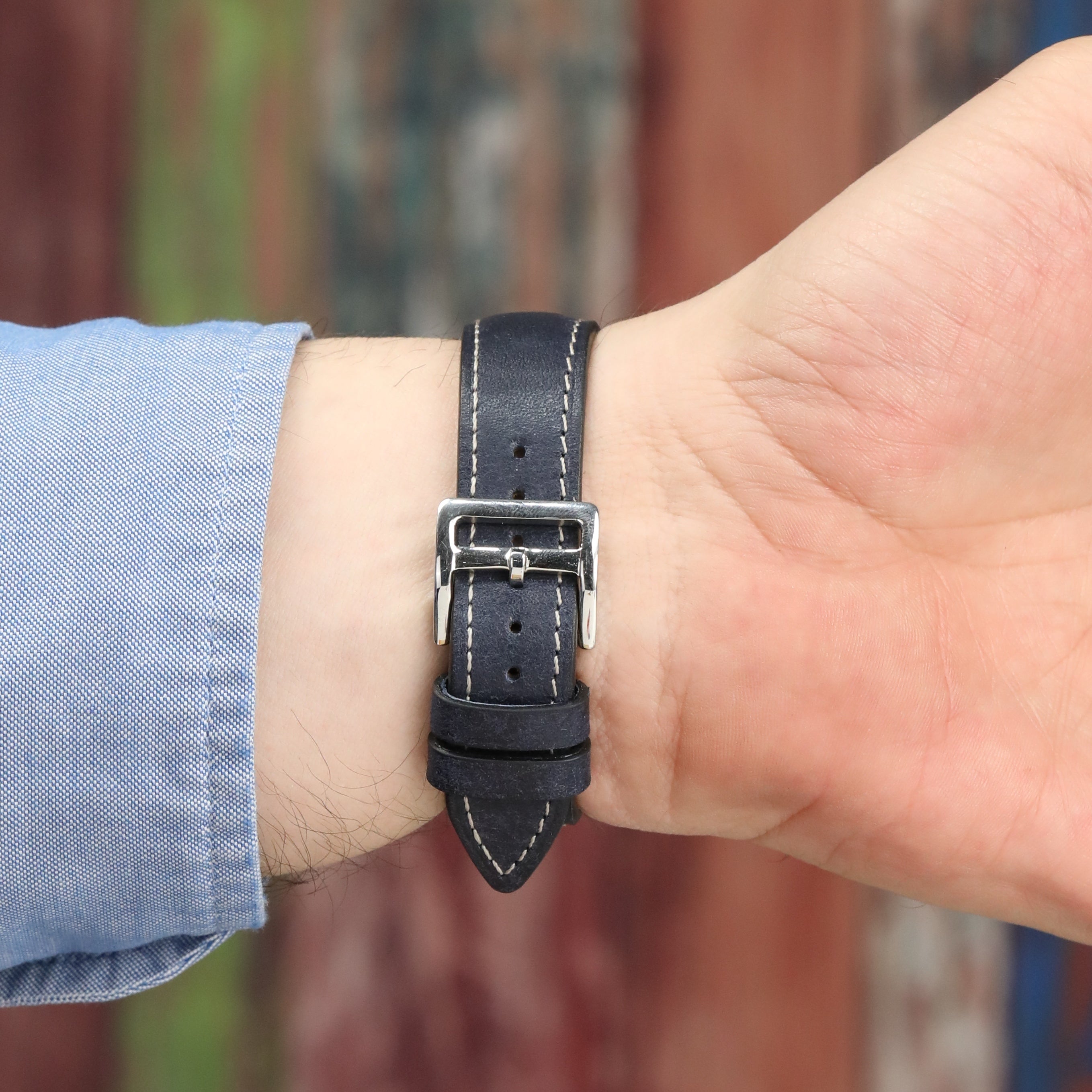 Pueblo Leather Watch Strap - D. Blue / White