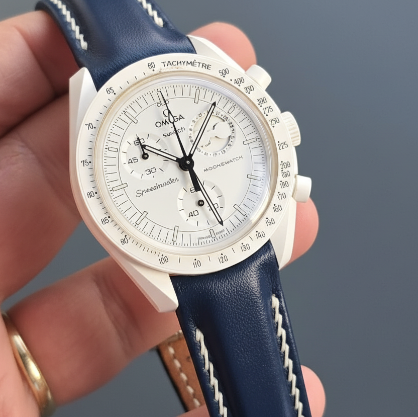Moonswatch Compatible Leather Watch Strap / D. Blue