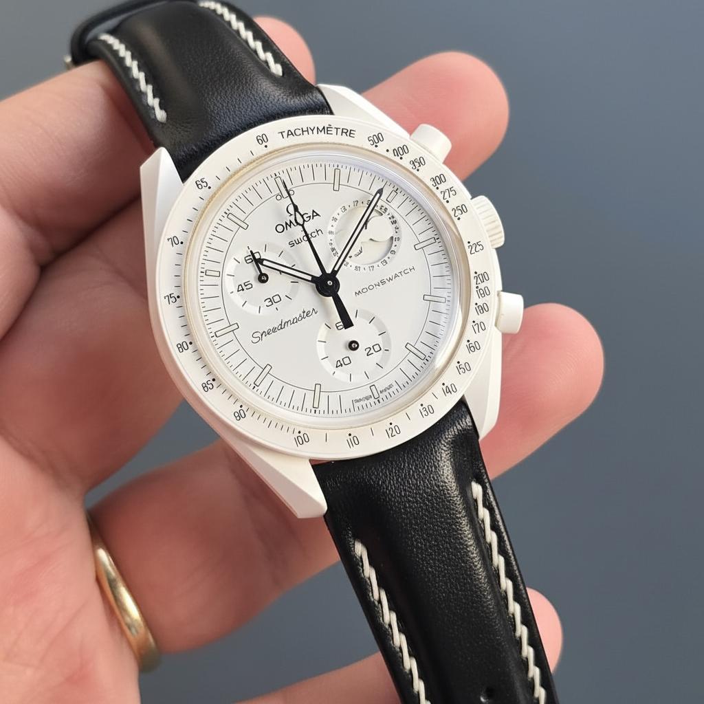 Moonswatch Compatible Leather Watch Strap / Black