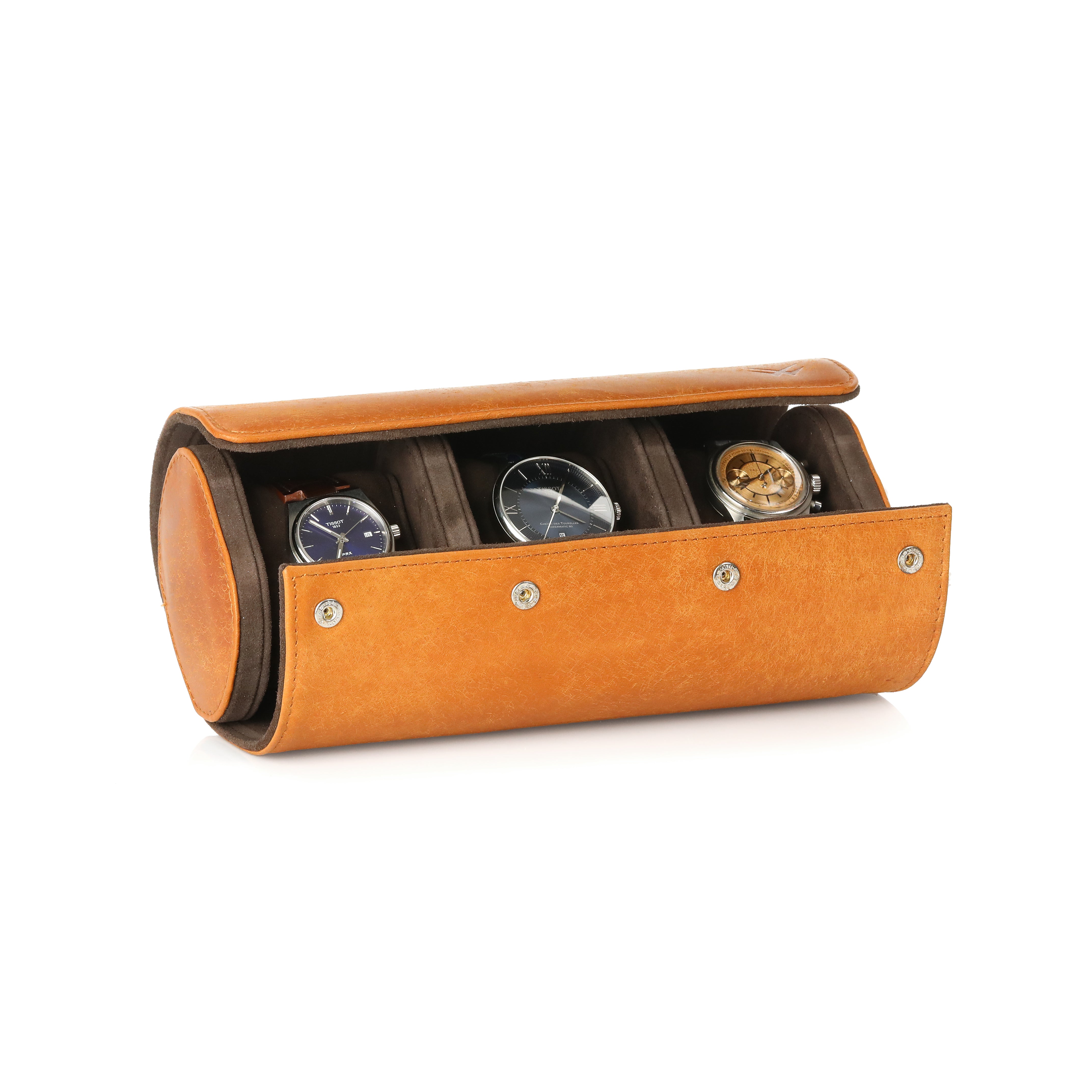 Angora Leather Watch Roll for 3 - Pueblo Tan
