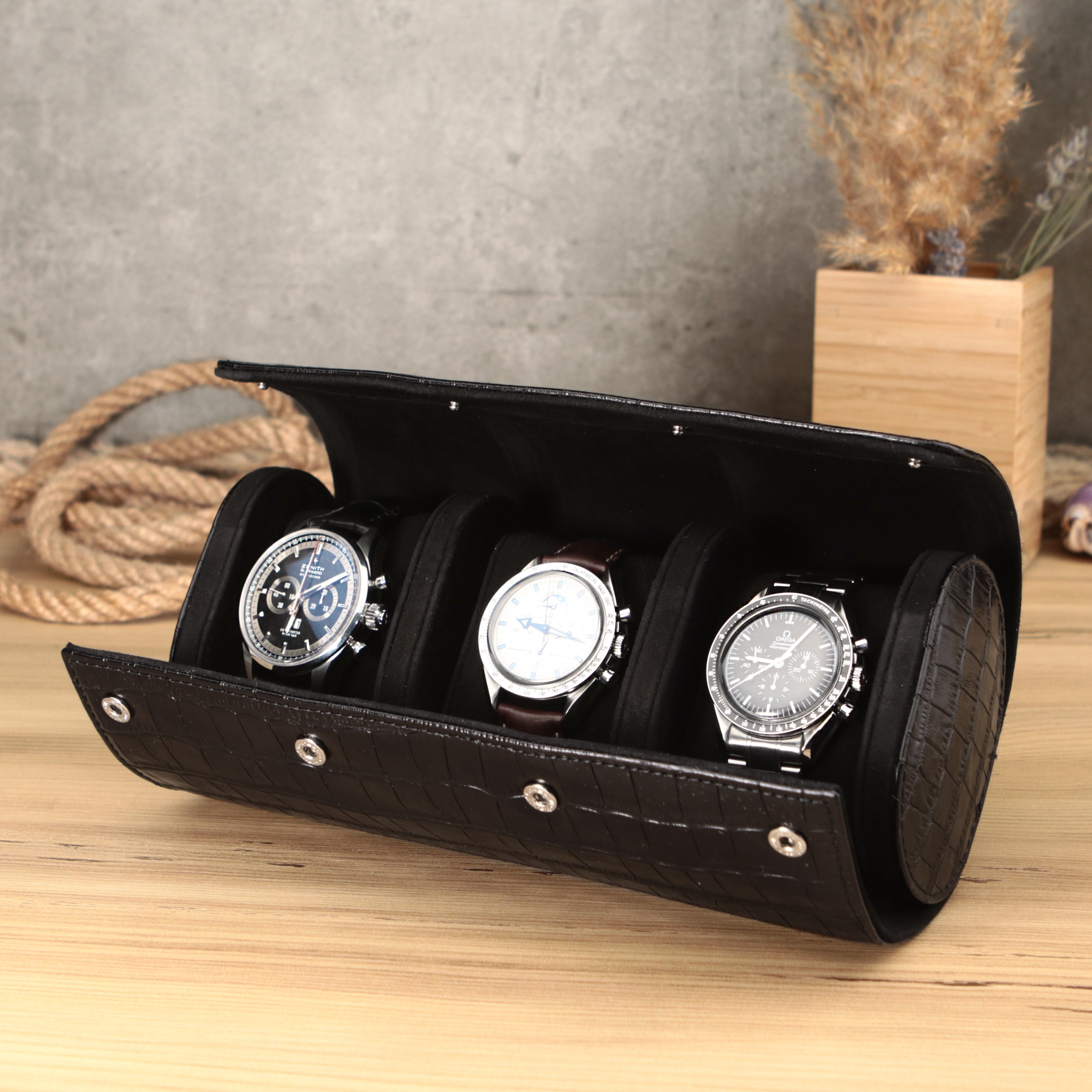 Angora Leather Watch Roll for 3 - Black