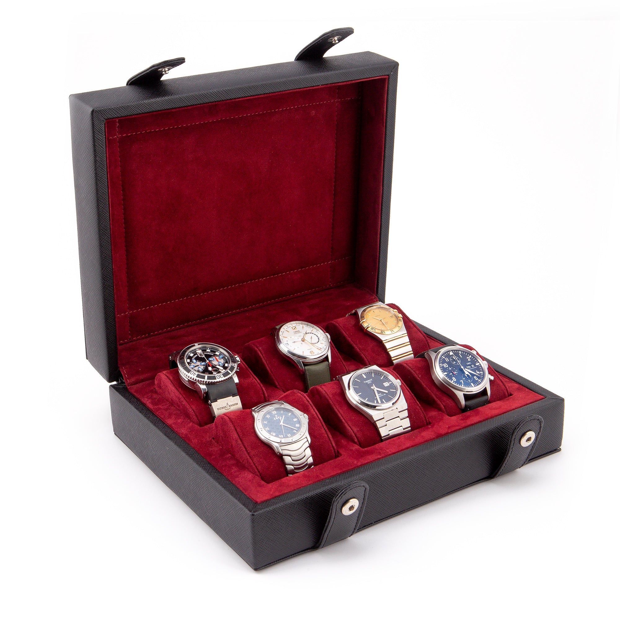 Leather Watch Box for 6 / Black - Burgundy