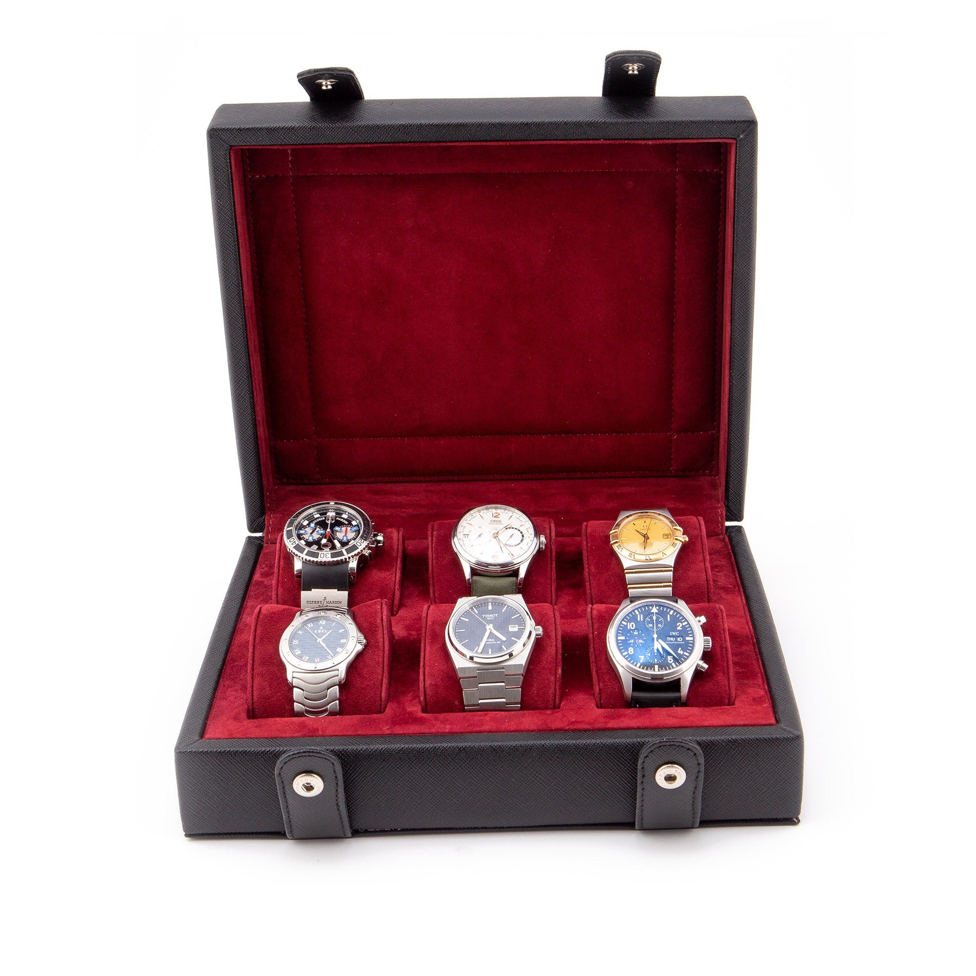 Leather Watch Box for 6 / Black - Burgundy