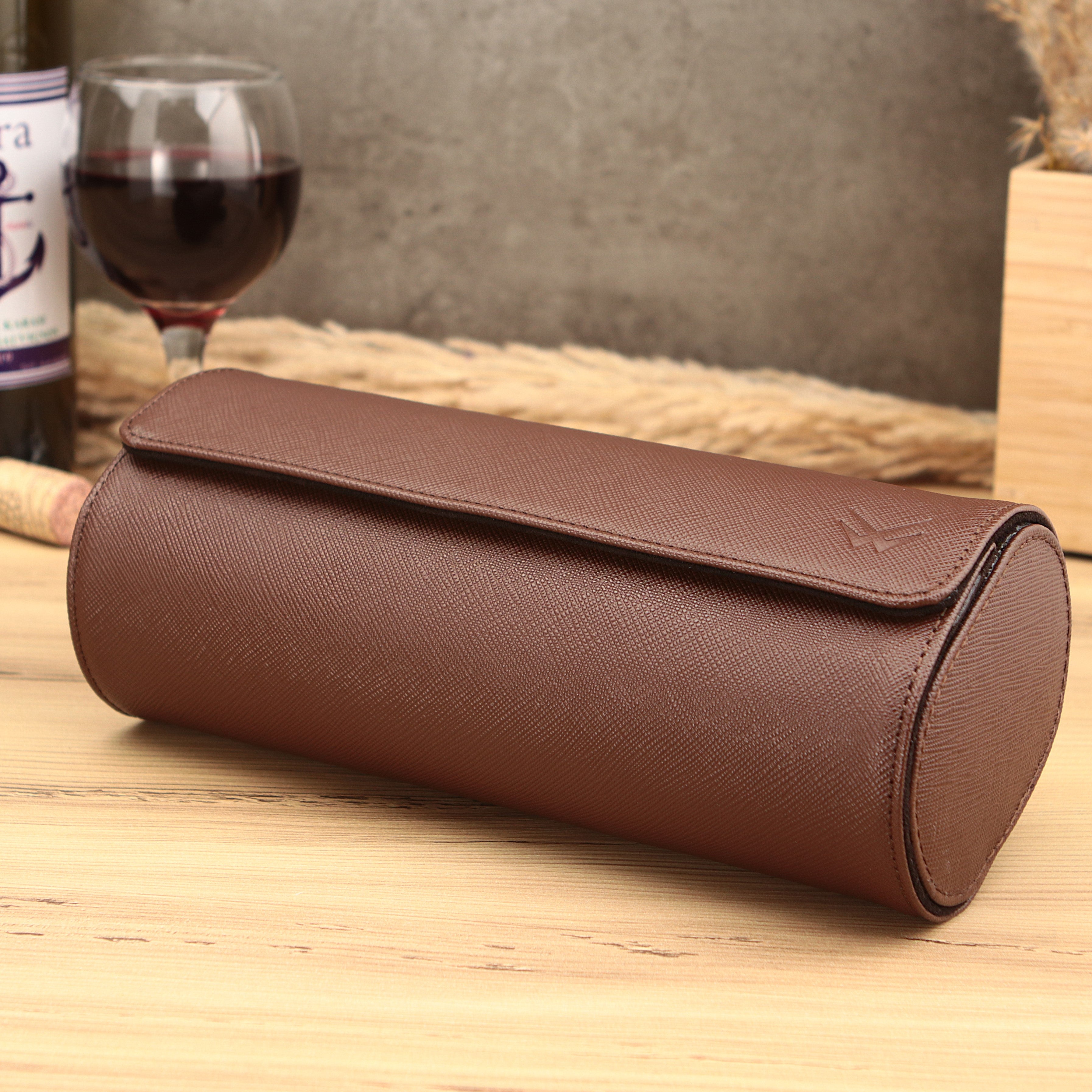 Angora Leather Watch Roll for 3 - Brown