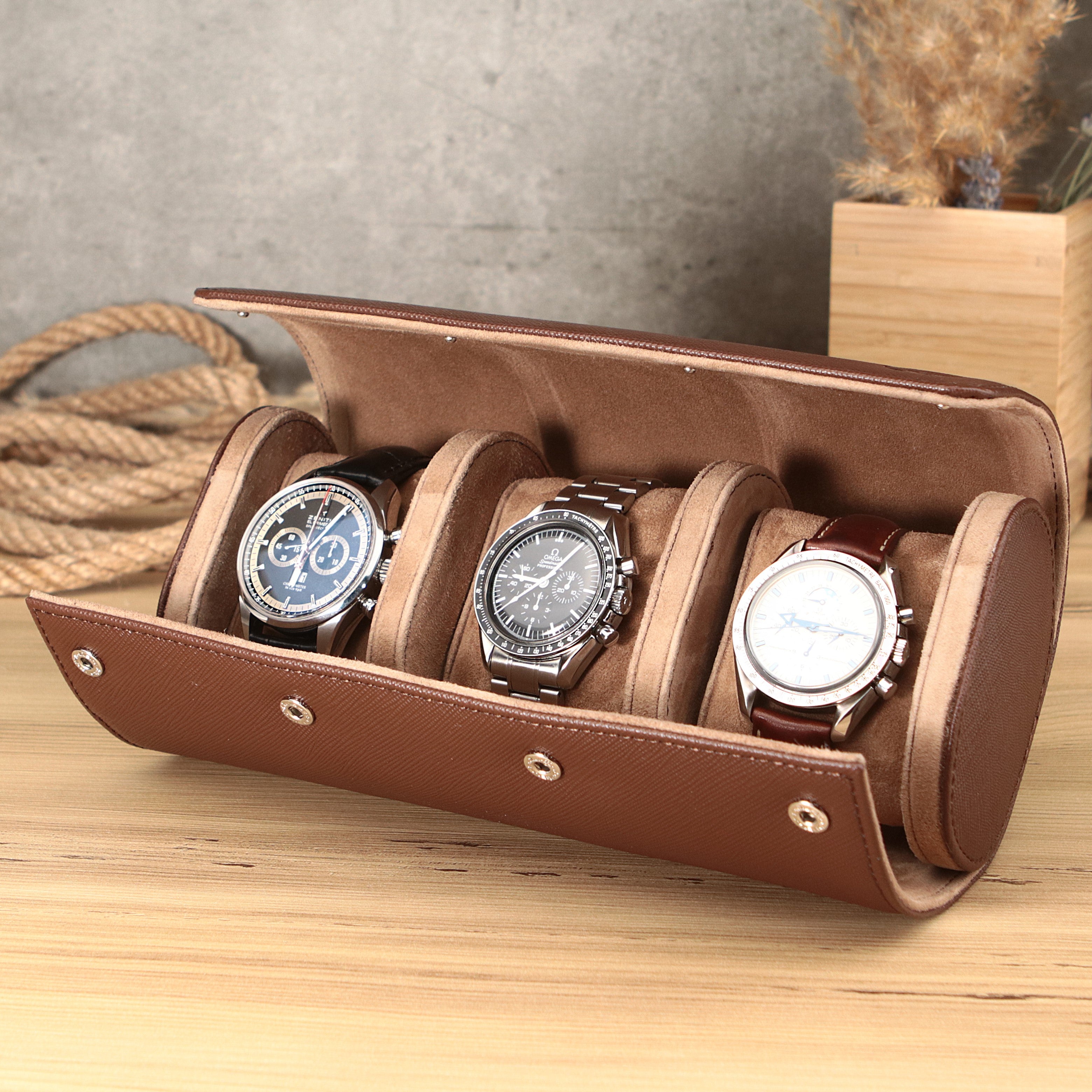 Angora Leather Watch Roll for 3 - Brown / Mocha