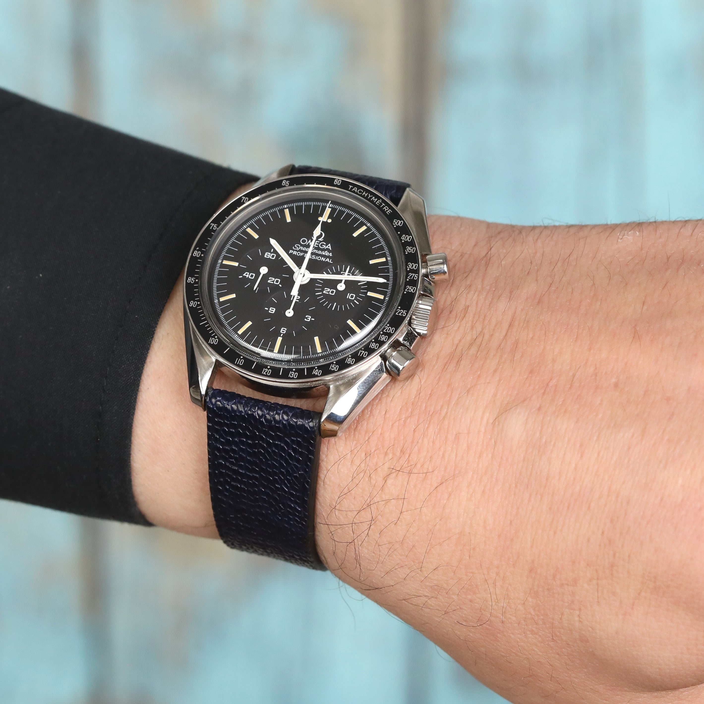 Ostrich Slim Leather Watch Strap - D. Blue Stitchless