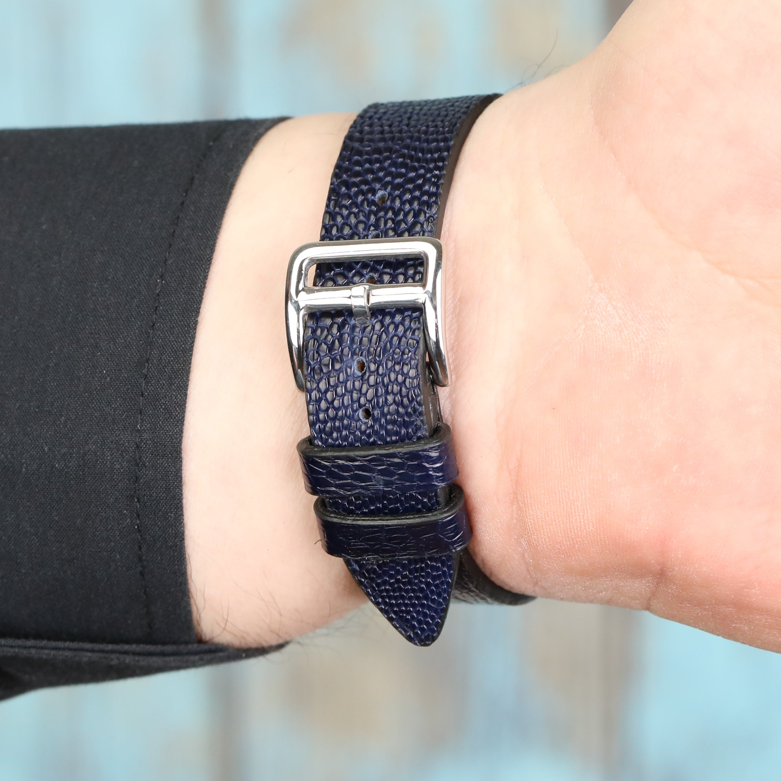 Ostrich Slim Leather Watch Strap - D. Blue Stitchless