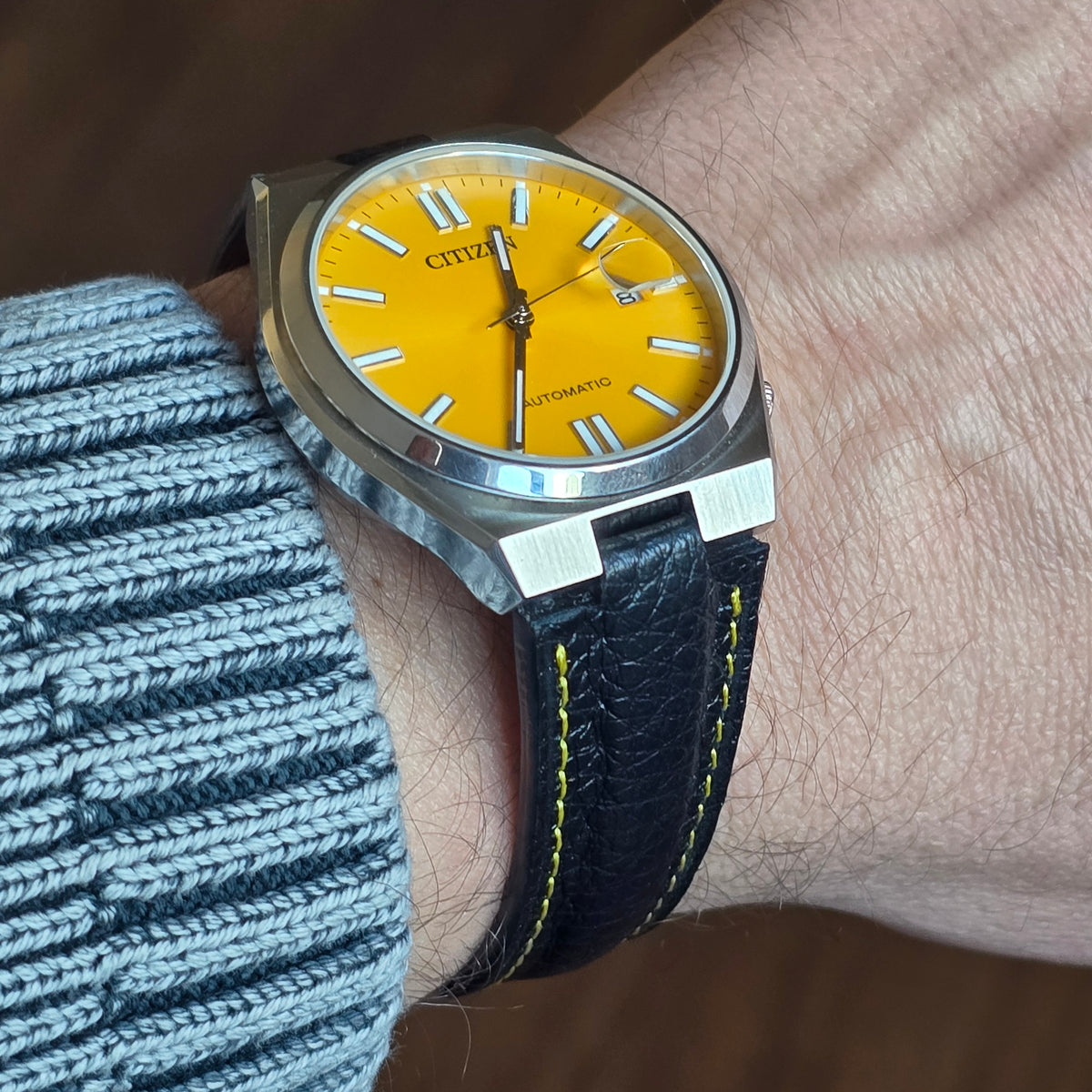 Tsuyosa Leather Strap - Black - Yellow