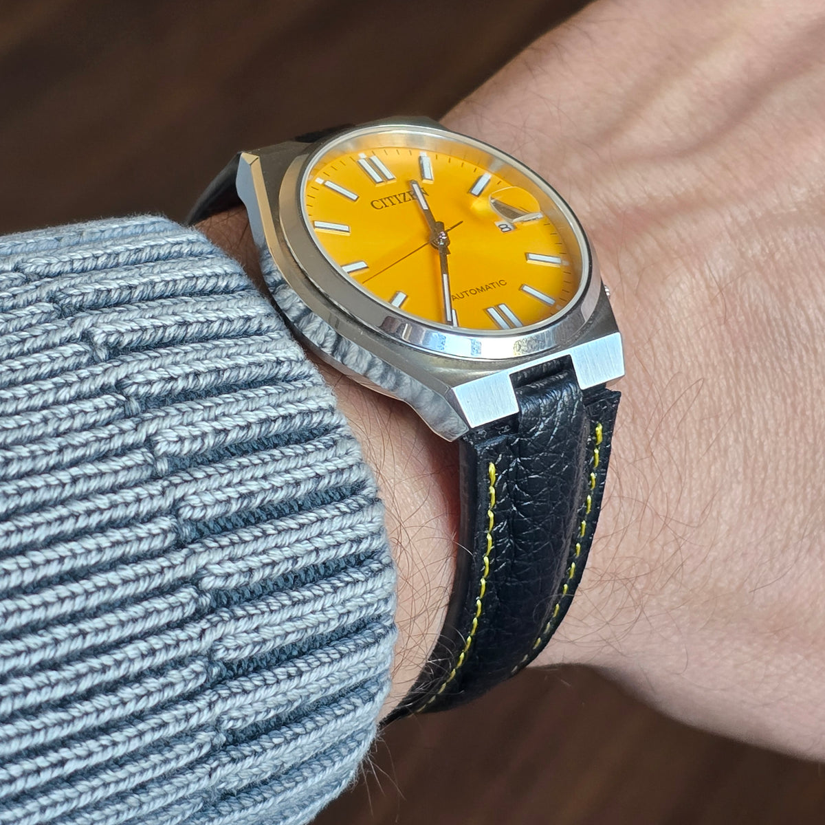 Tsuyosa Leather Strap - Black - Yellow