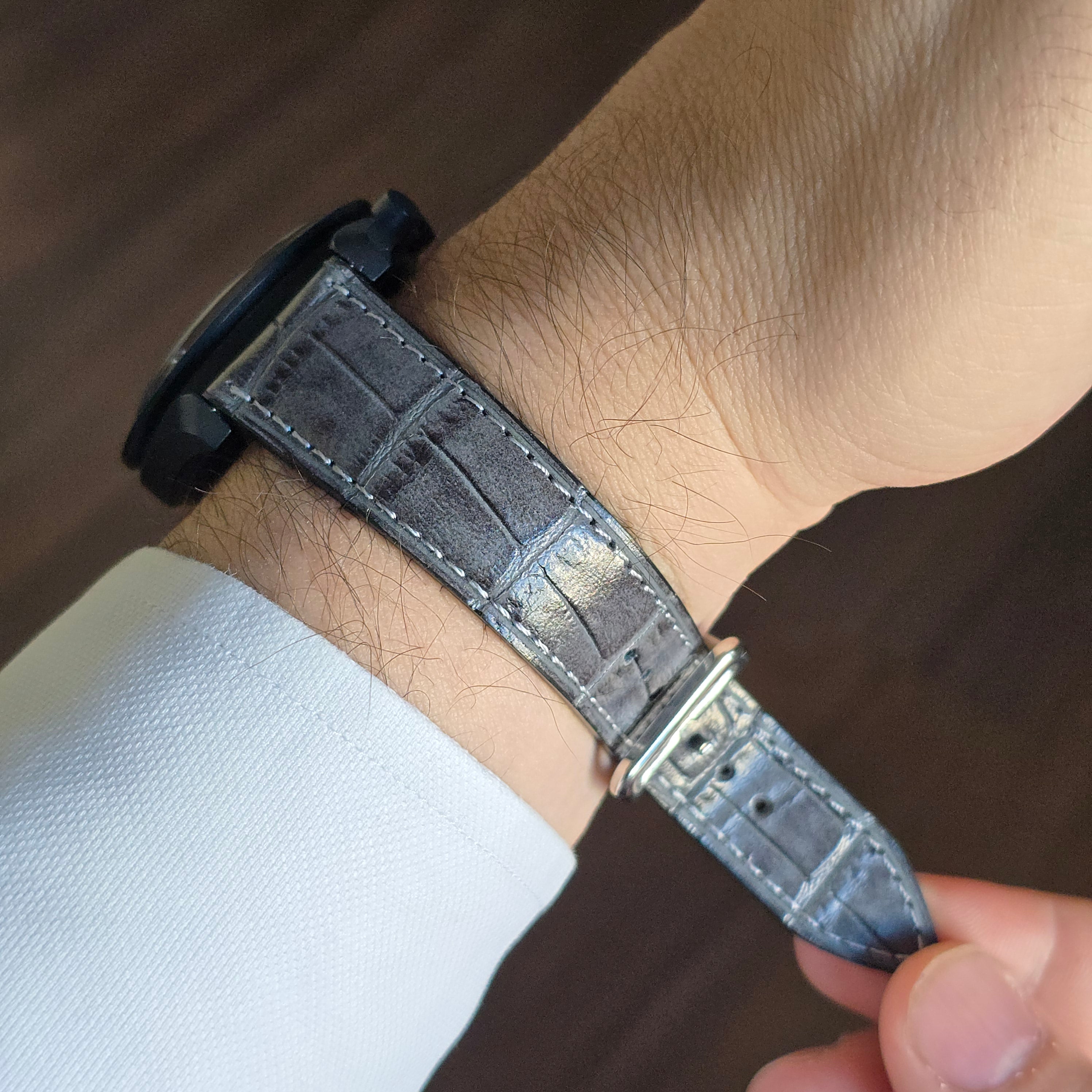 Croc. Embossed Leather Strap - Grey