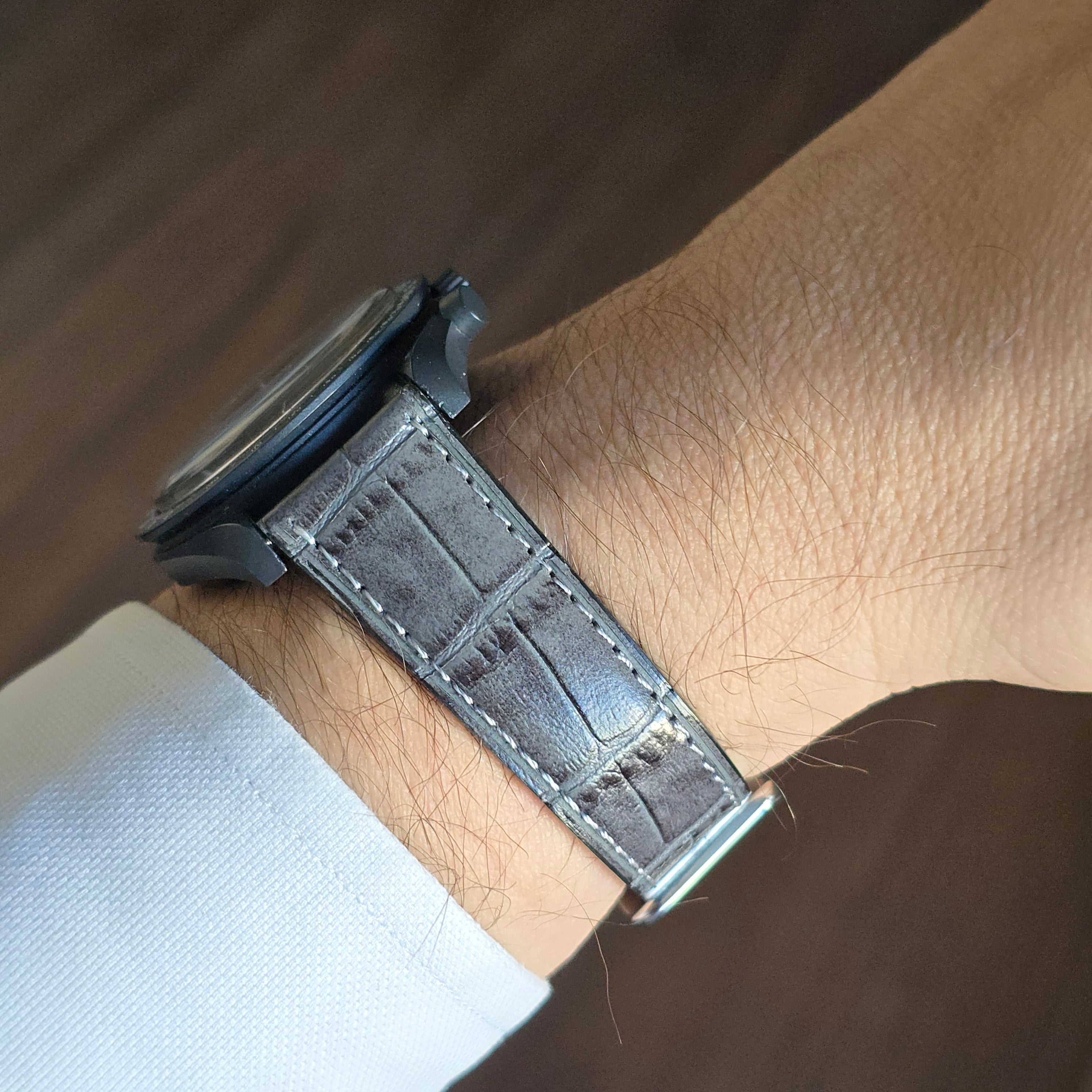 Croc. Embossed Leather Strap - Grey