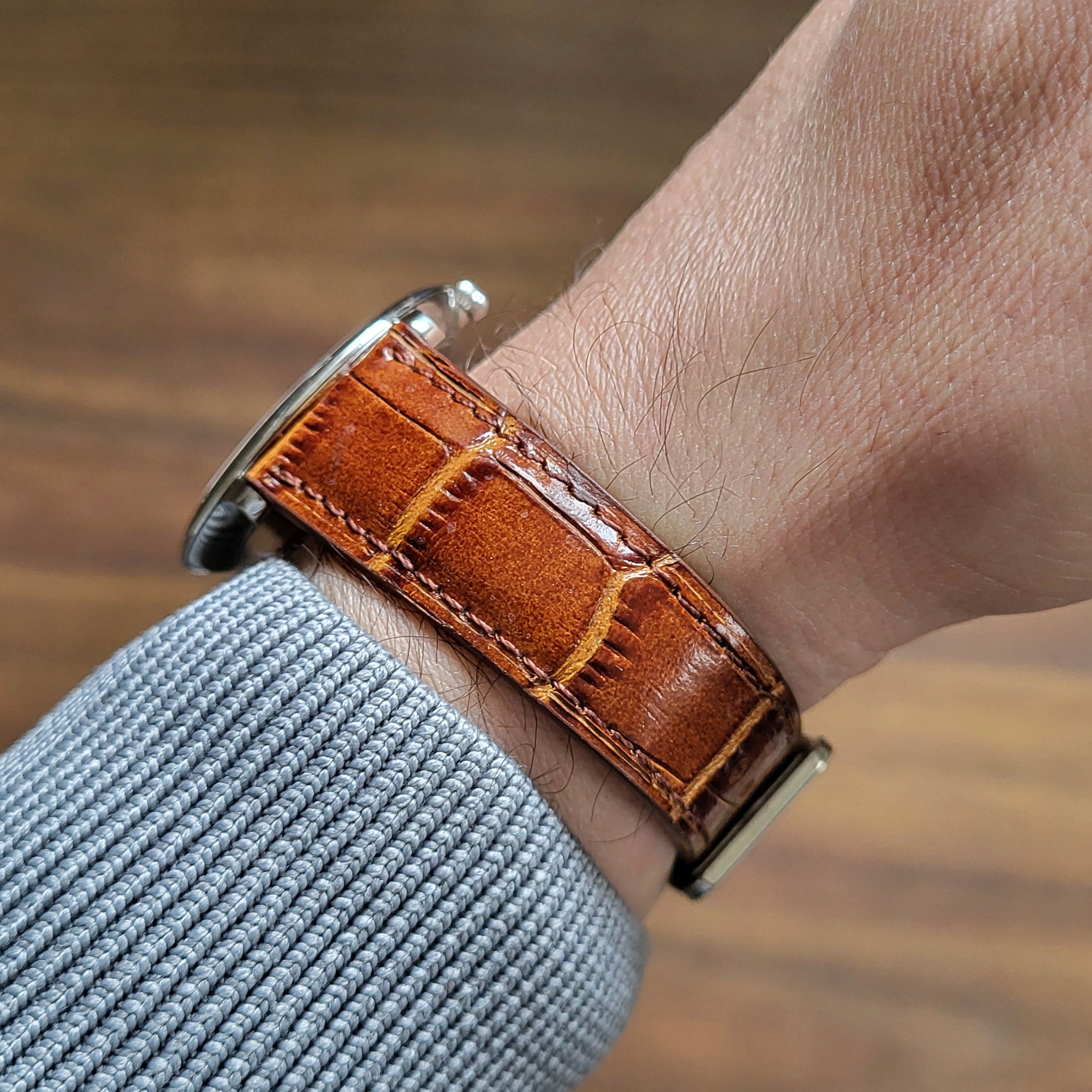 Croc. Embossed Leather Strap - Tan