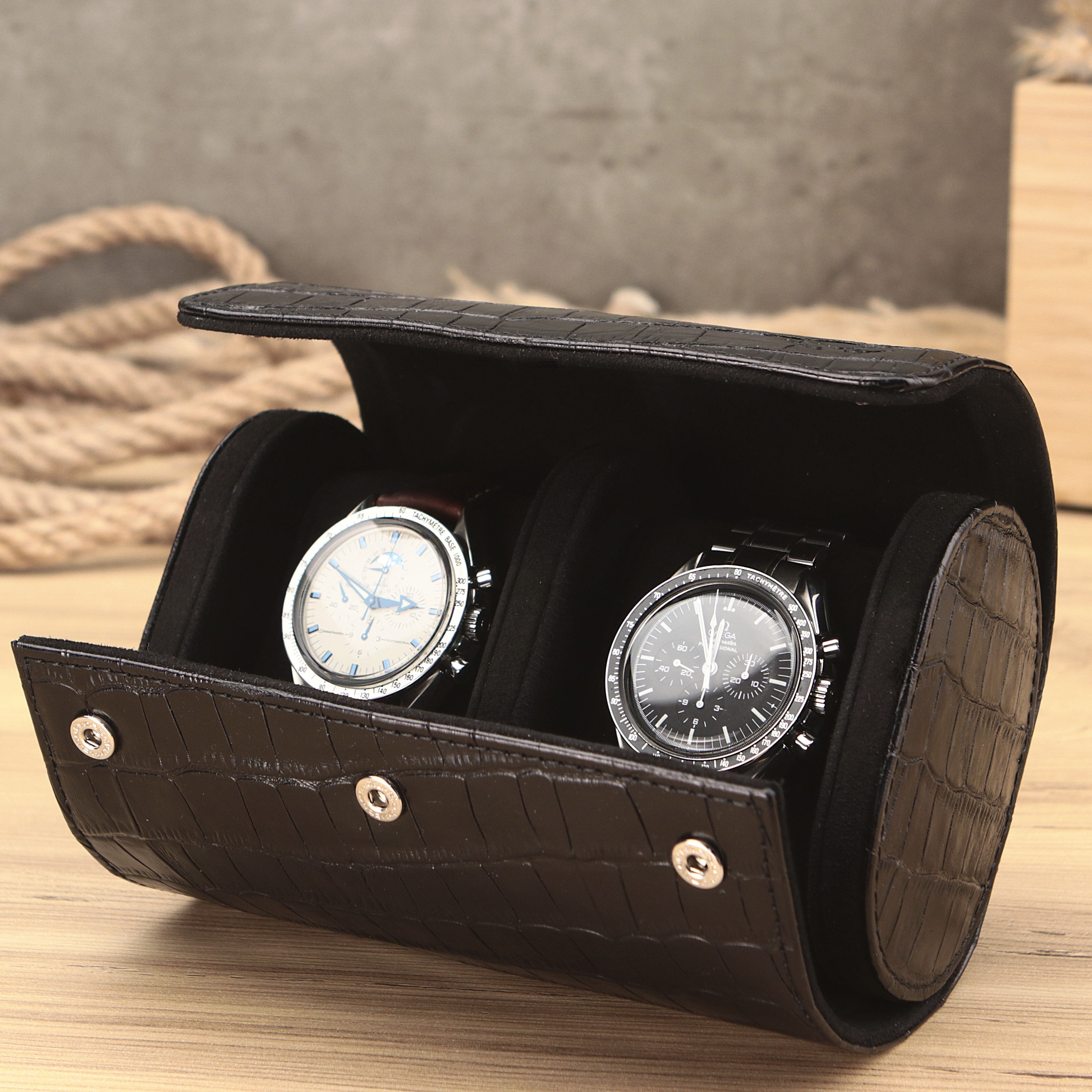 Lusse Leather Watch Roll for 2 - Black
