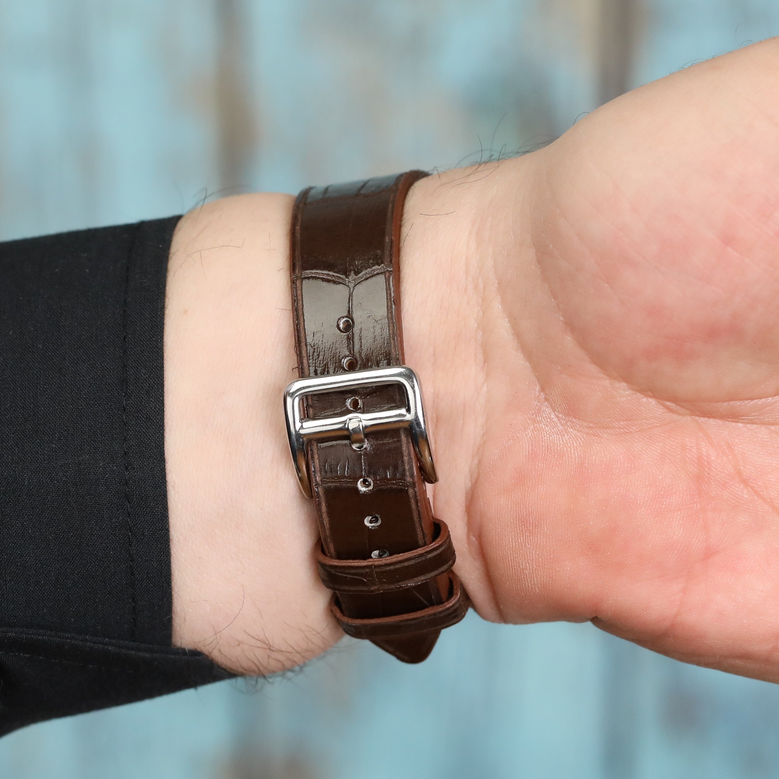 Croc. Embossed Leather Strap - Brown