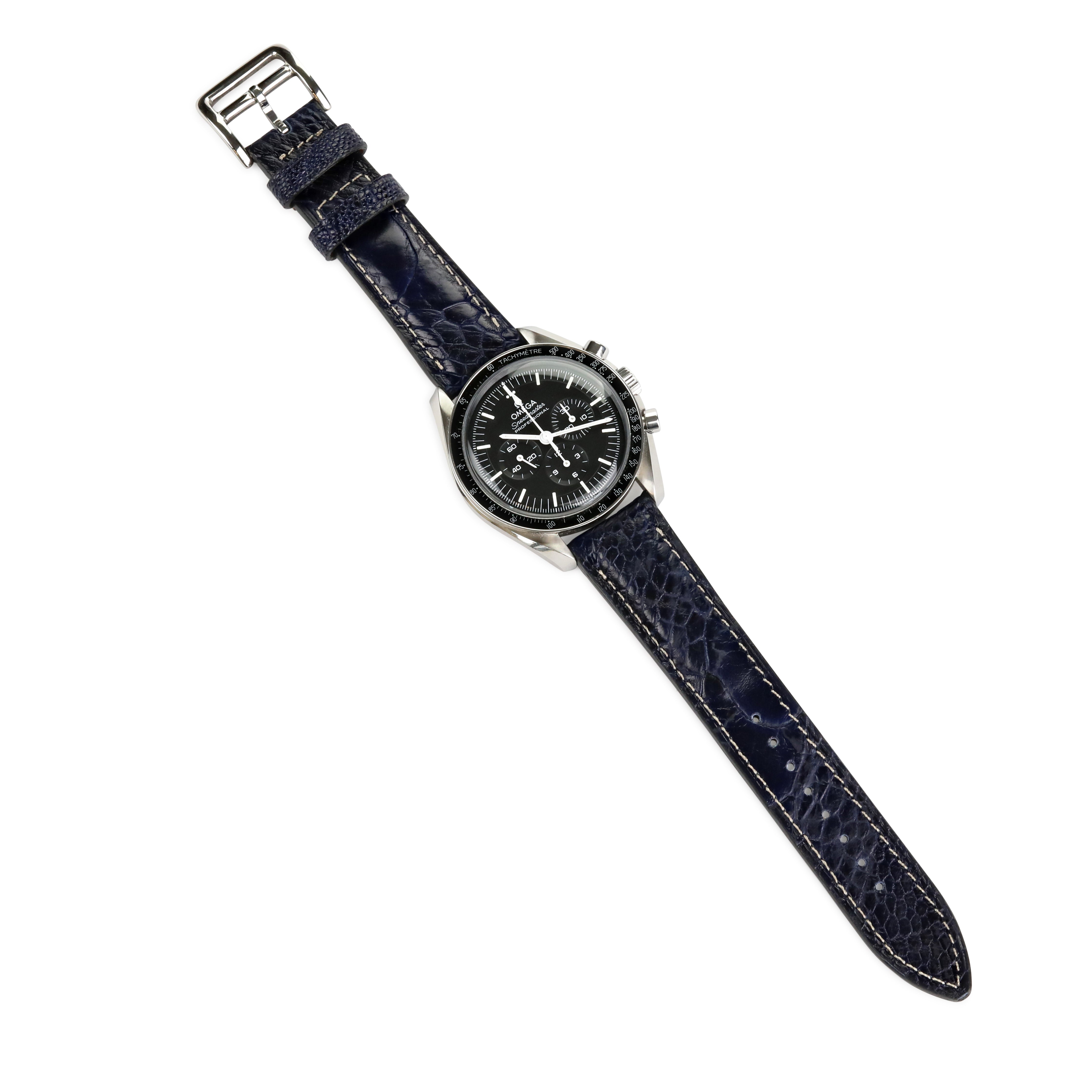 Ostrich Leather Strap - D. Blue - White