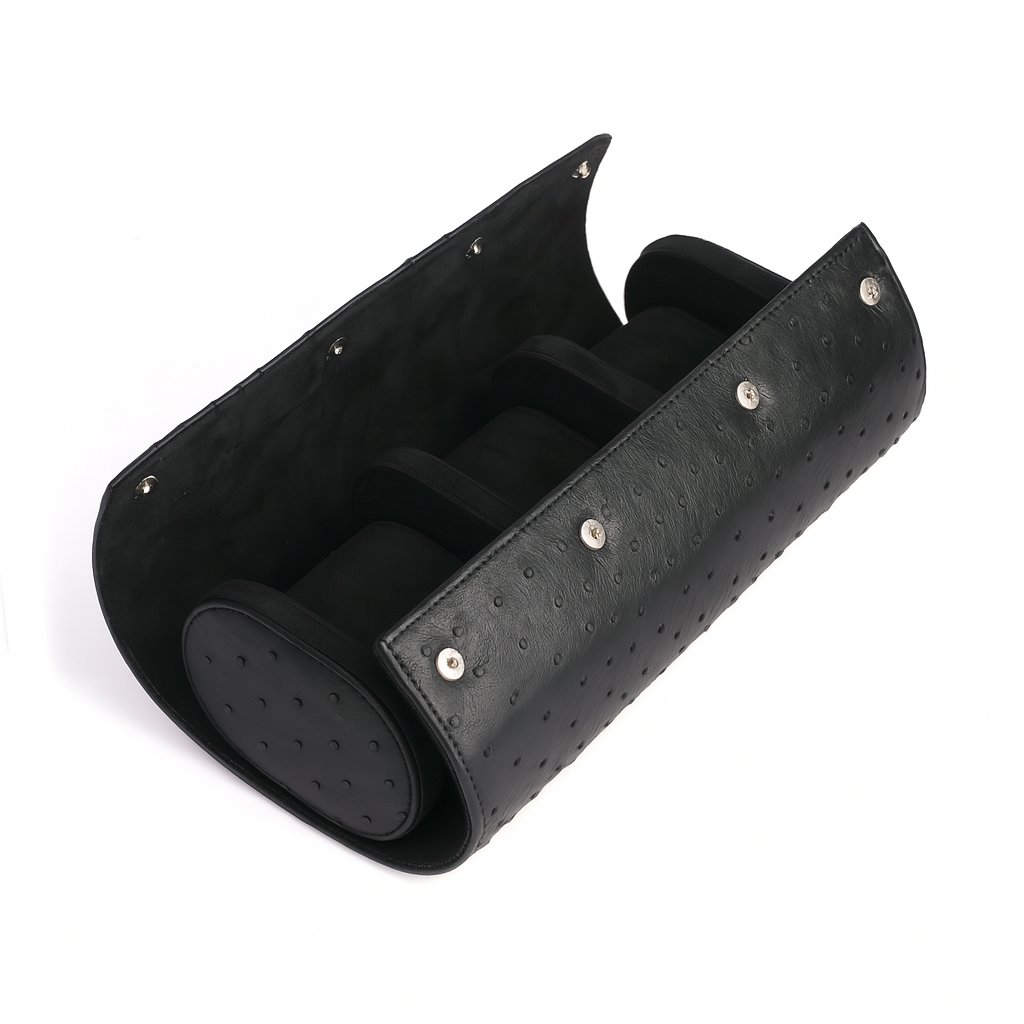 Angora Ostrich Leather Watch Roll for 3 - Black