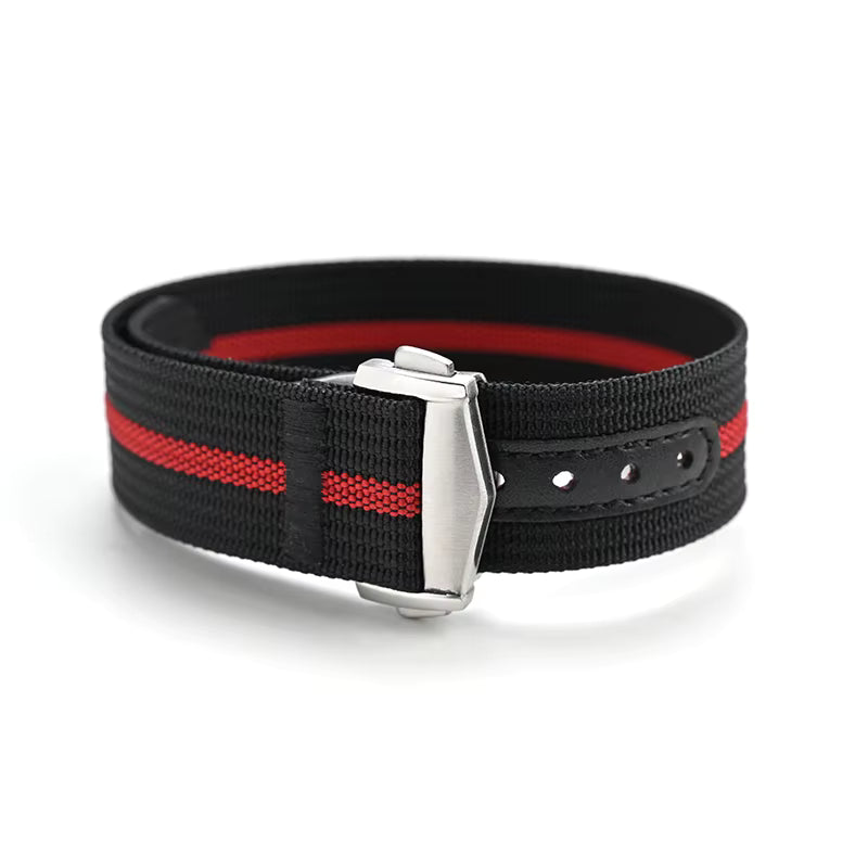 Textile Watch Strap with Deployment Clasp - Black / Red