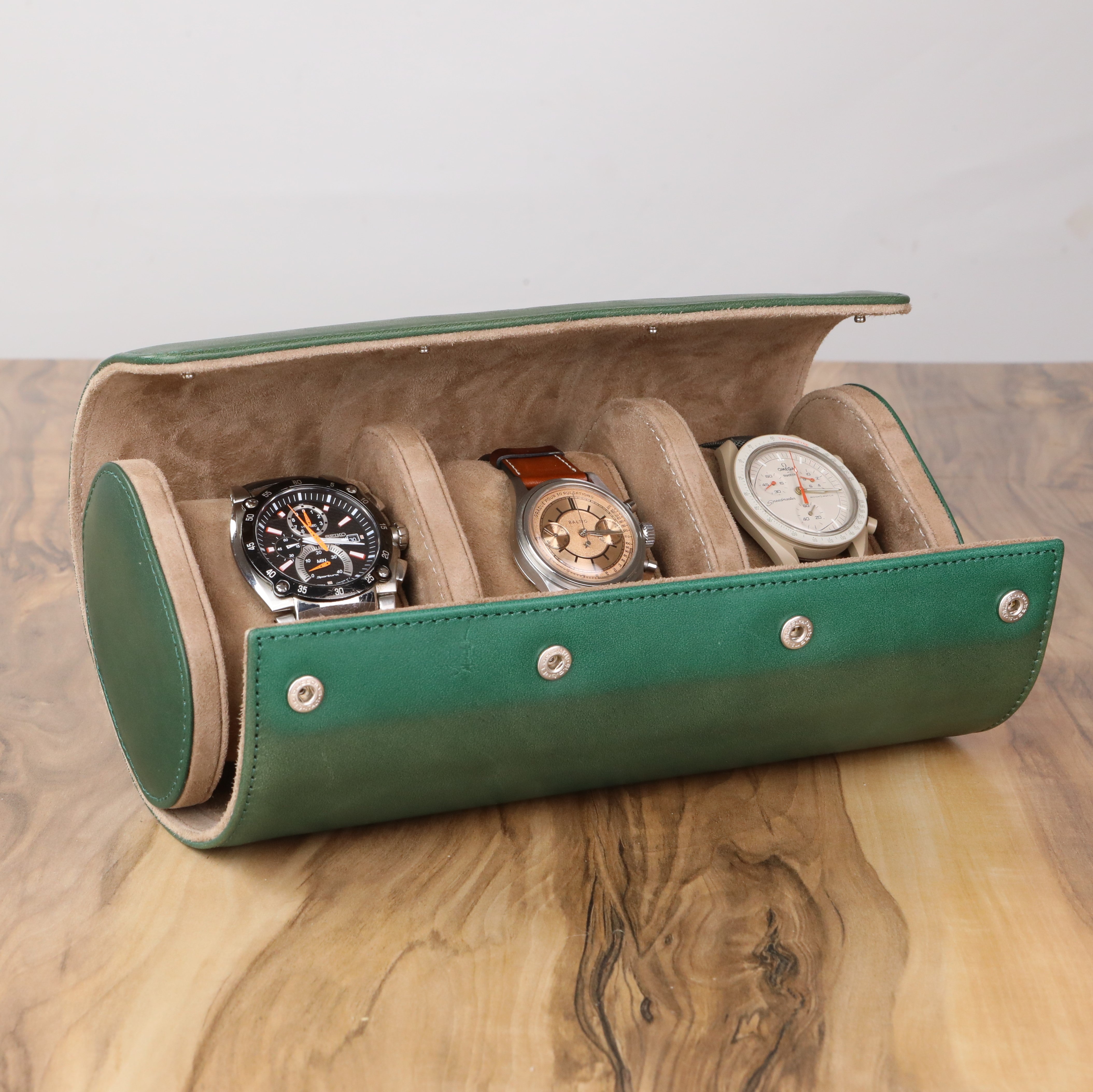 Angora Leather Watch Roll for 3 - Green