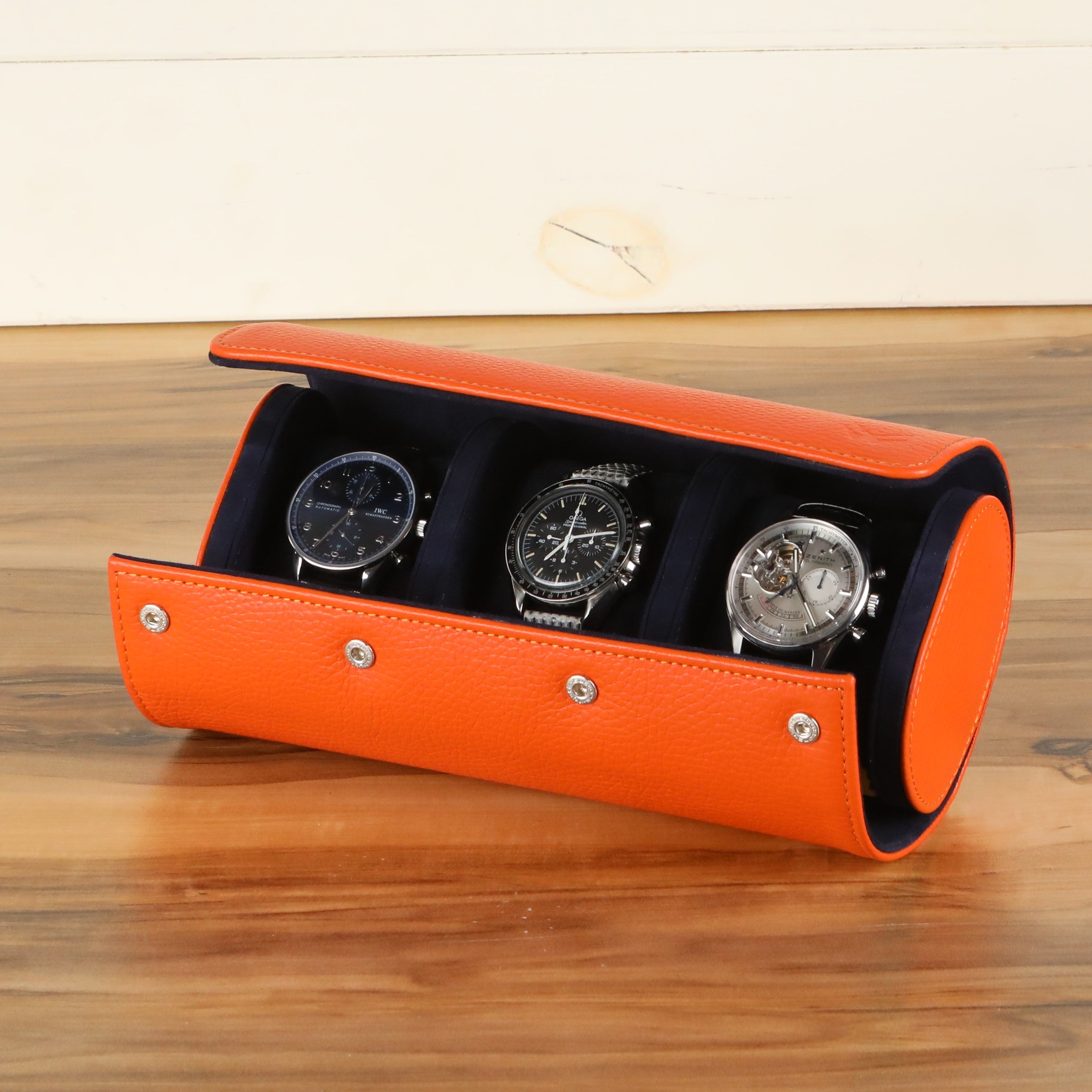 Angora Leather Watch Roll for 3 - Orange