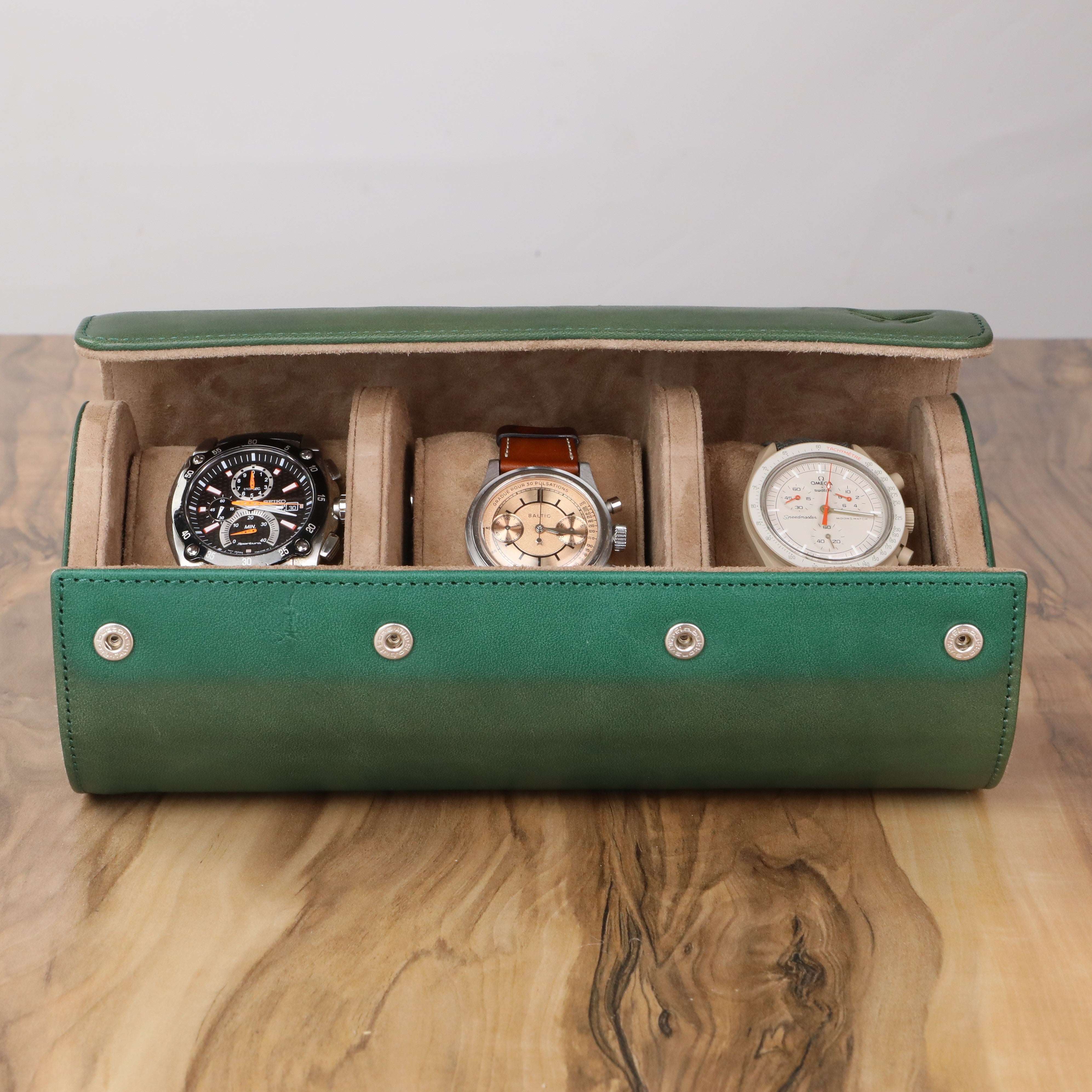 Angora Leather Watch Roll for 3 - Green