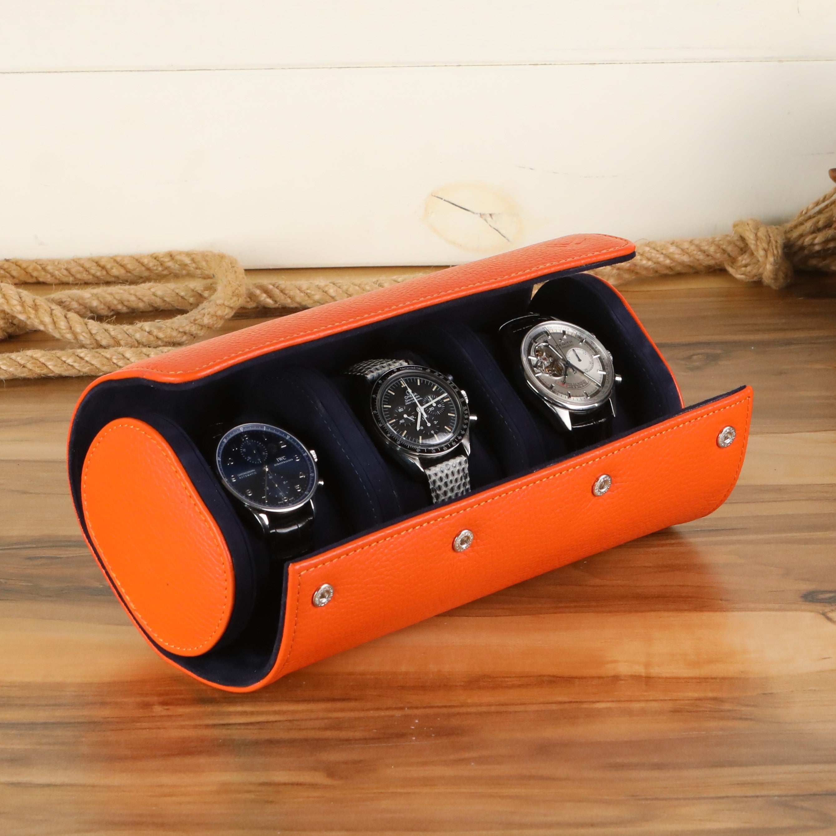 Angora Leather Watch Roll for 3 - Orange