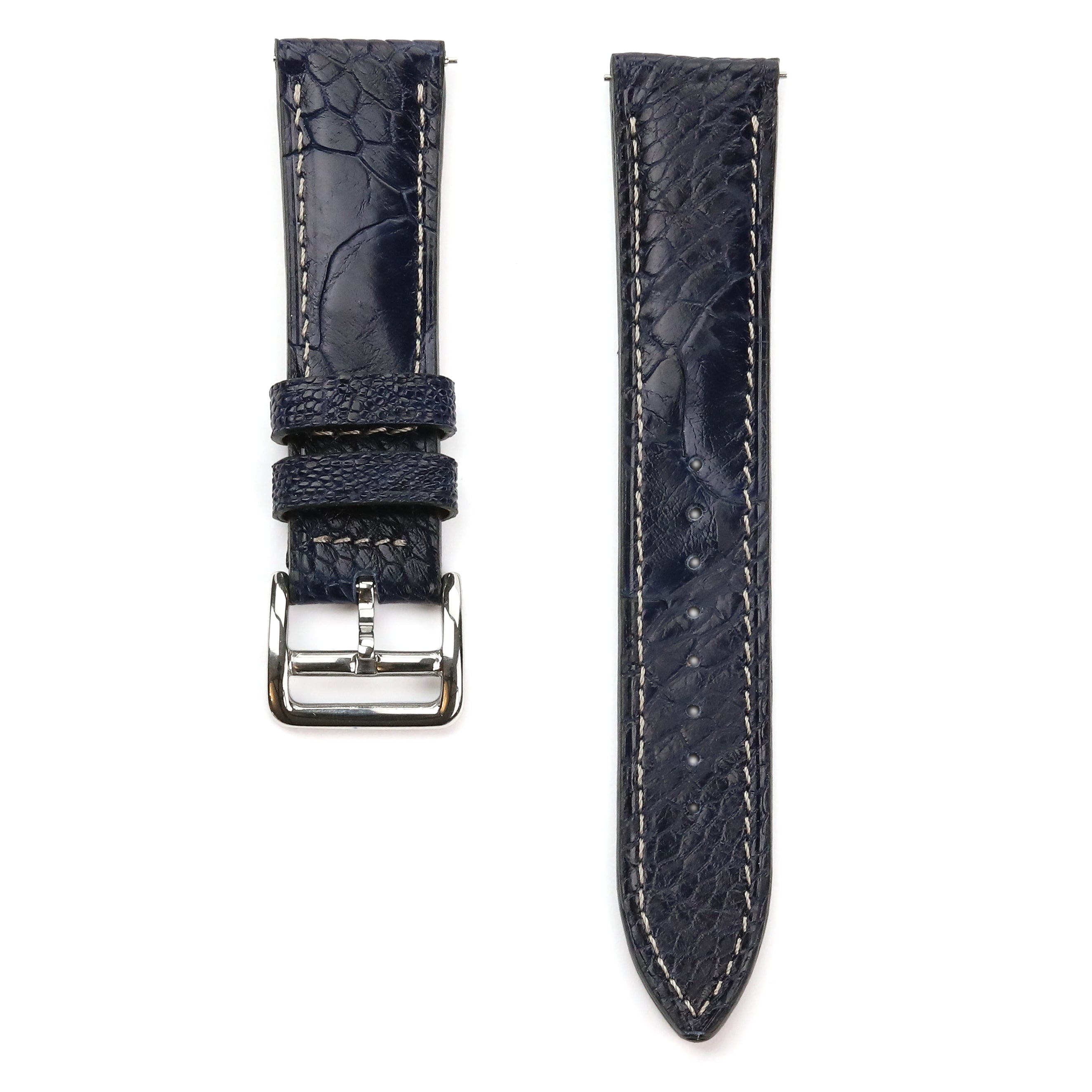 Ostrich Leather Strap - D. Blue - White