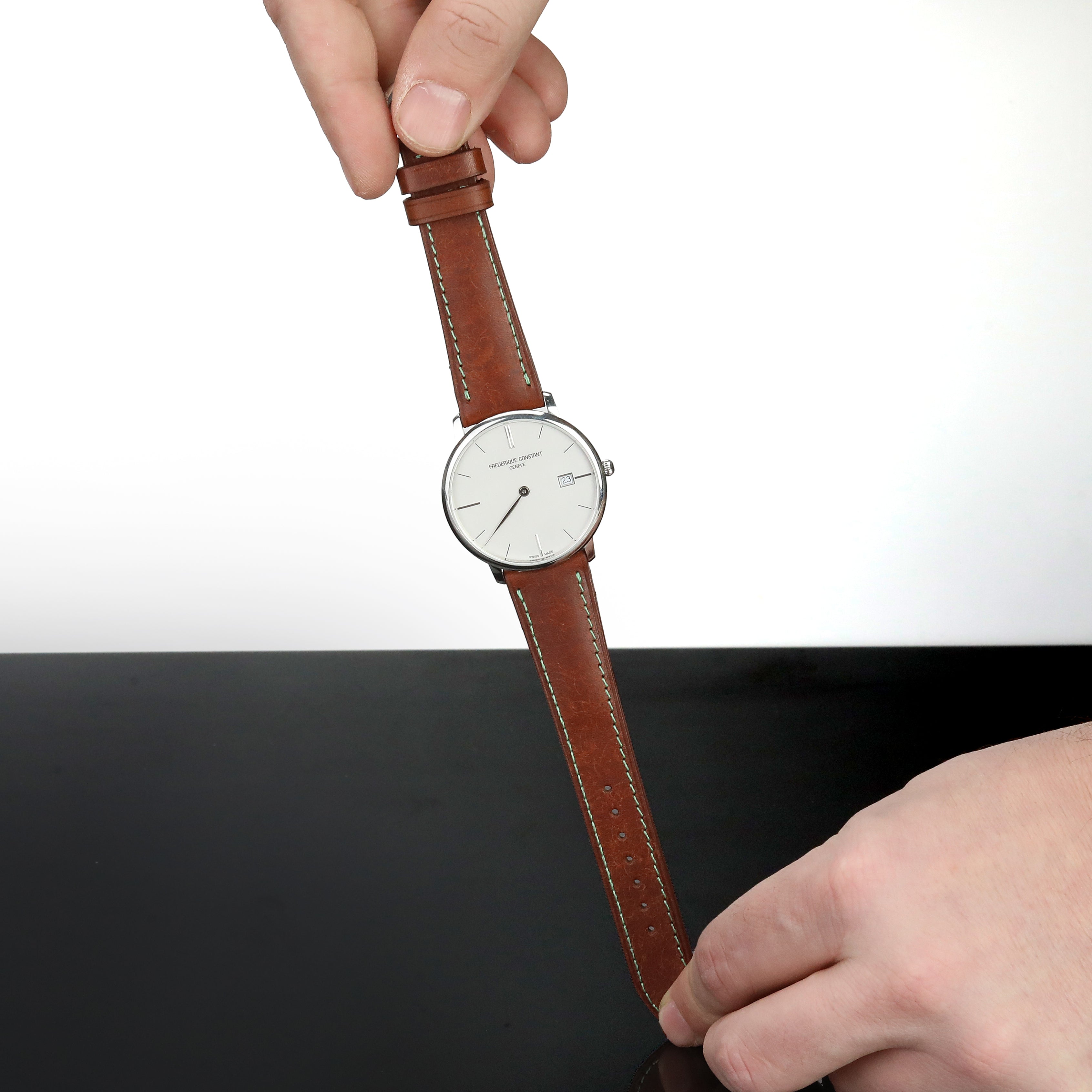 Pueblo Leather Strap - Brown with Green Stitches